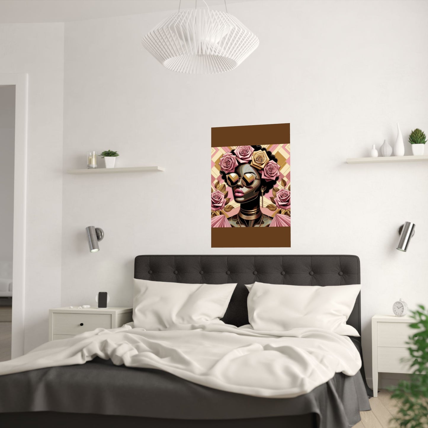 Elegant Satin Poster | Black Woman Art Print | Floral Decor | Modern Wall Art | Home Decor | Gift for Her | Pink Roses Lady