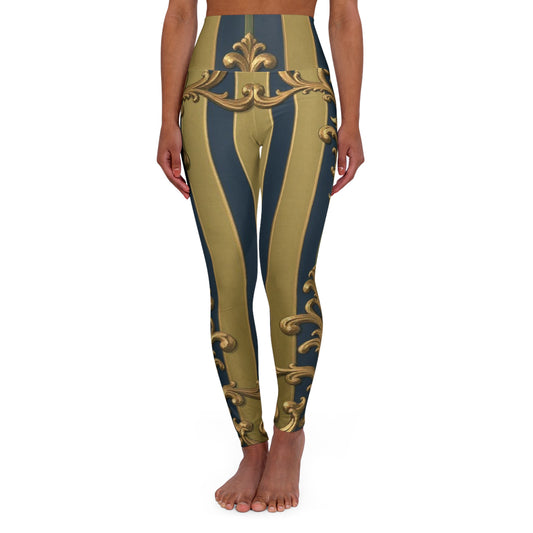 Elevated Midnight Blue & Olive Striped Gold Baroque Glamour High Waisted Yoga Leggings, Chic Activewear, Trendy Fitness Leggings