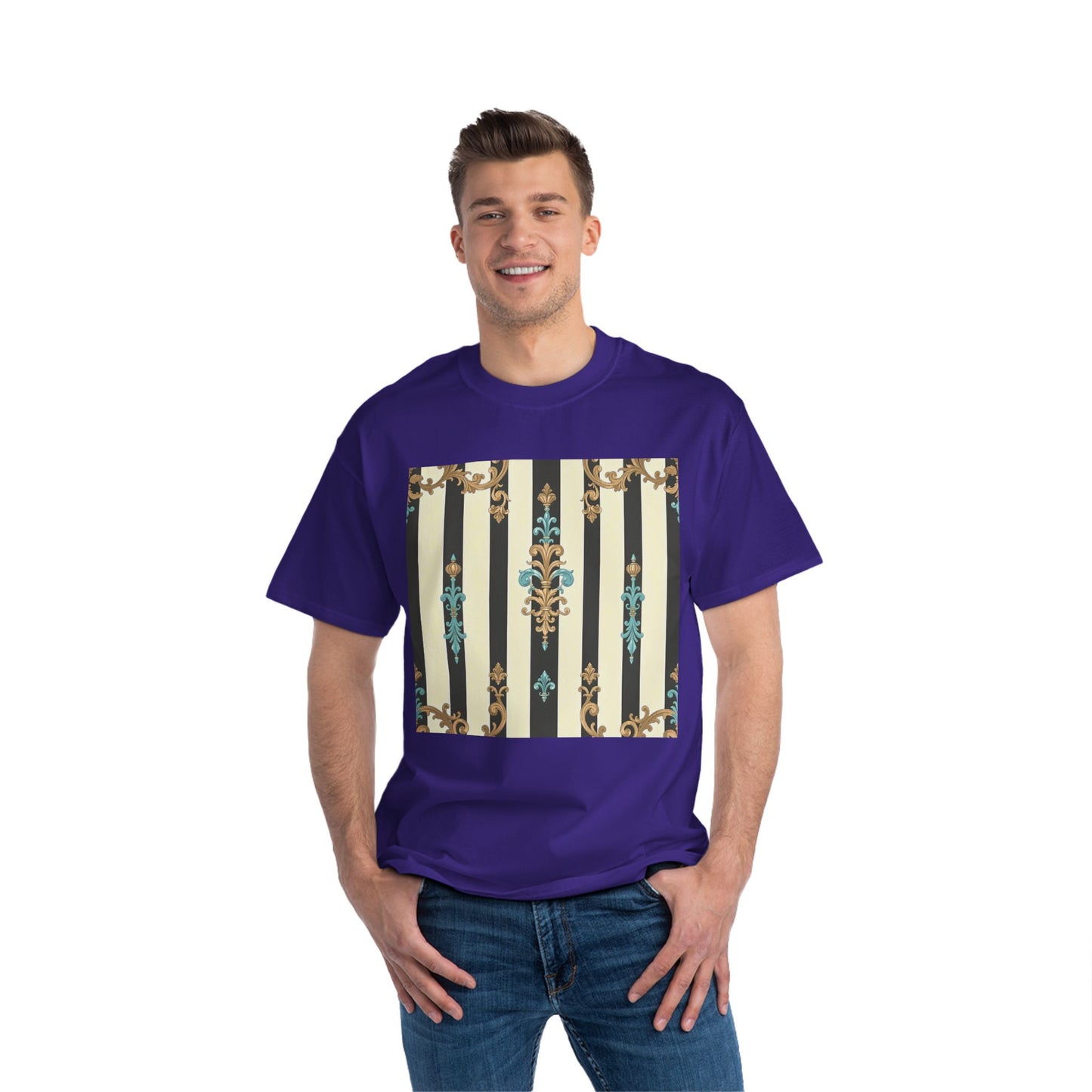 Elegant Floral Pattern Tee, Vintage Style T-Shirt, Gift for Her, Casual Outfit - Black Striped Turquoise & Black Rococo