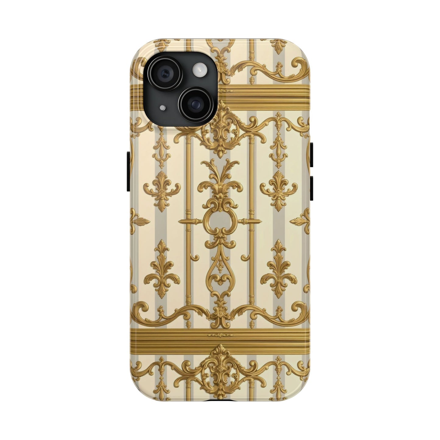 Elegant Gold Pattern Tough Phone Cases | Stylish Phone Covers, Trendy Cell Phone Accessories - Matte Gray & Cream Striped Gold Baroque