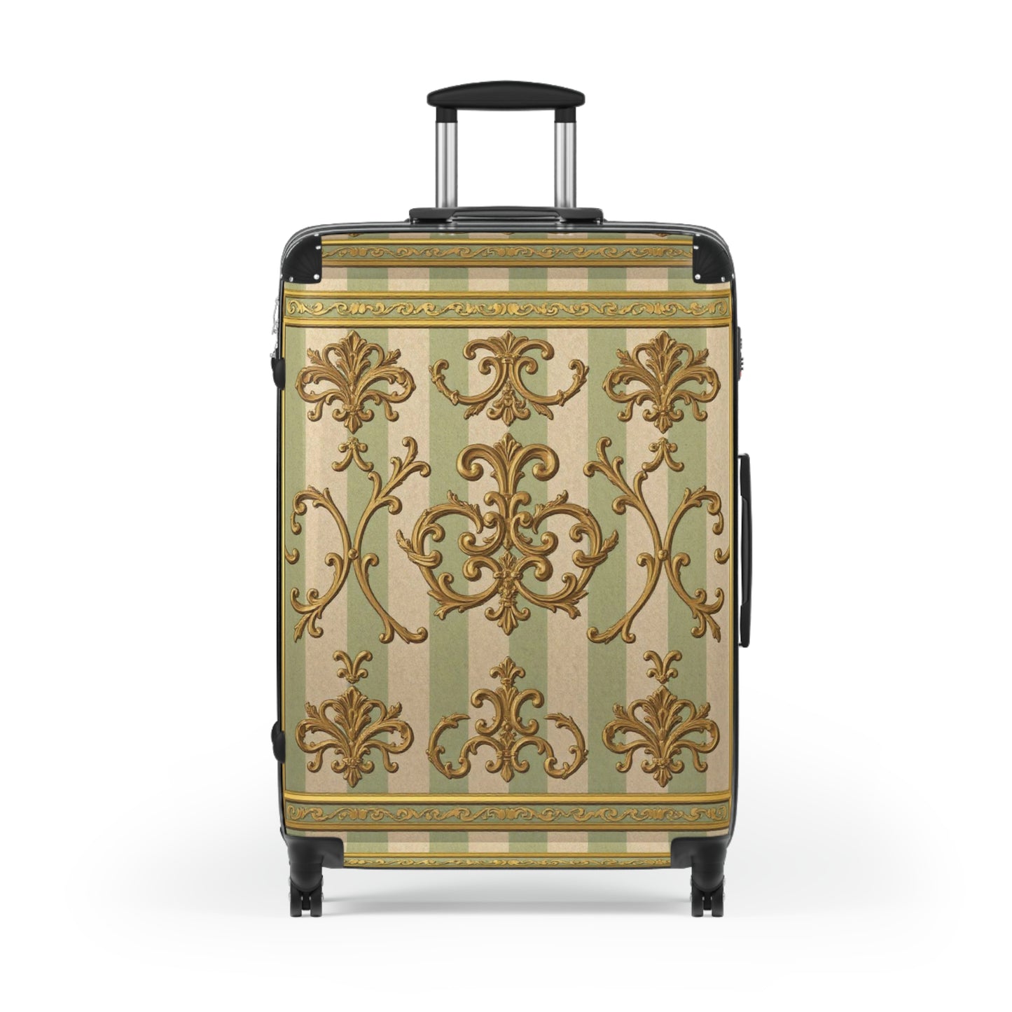 Elegant Travel Suitcase with Vintage Design, Stylish Luggage for Travelers, Perfect Gift for Holidays - Mint & Beige Striped Gold Baroque