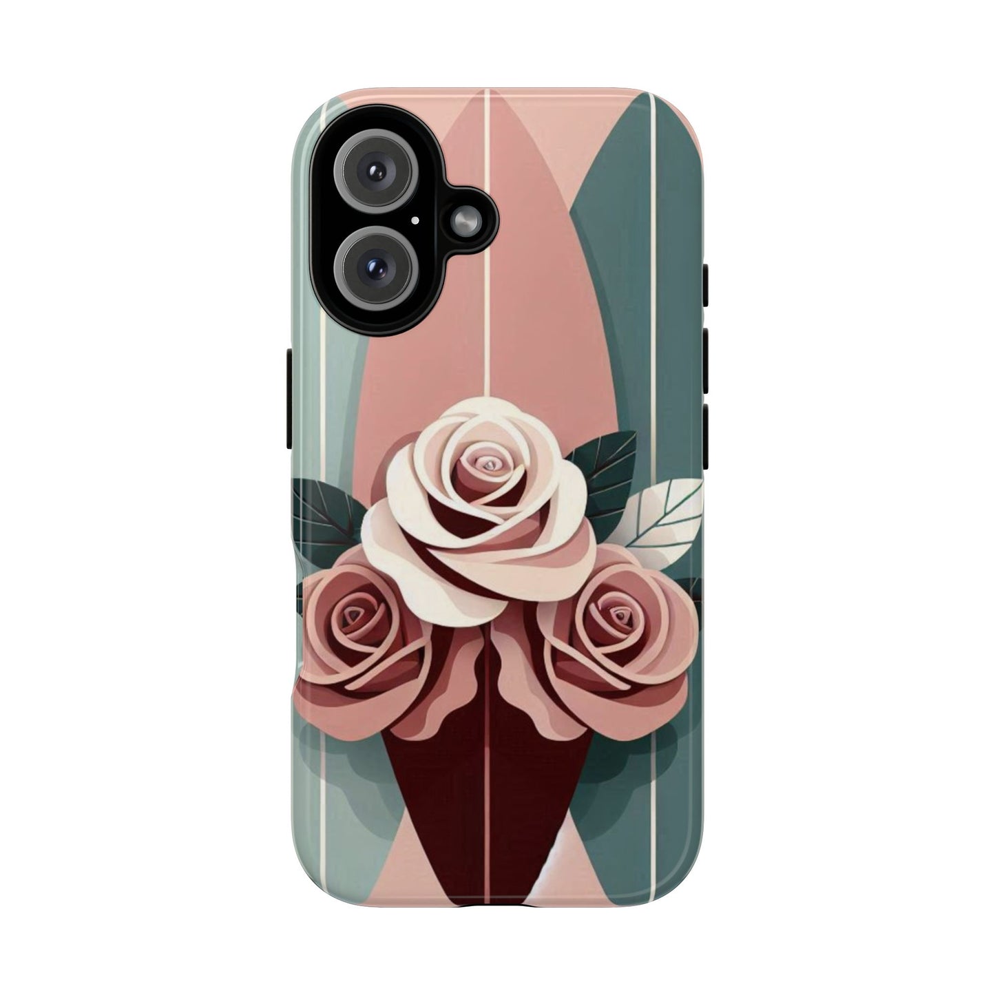 Phone Case - Burgundy, Matte Mauve & Teal Surfboard & Roses Design