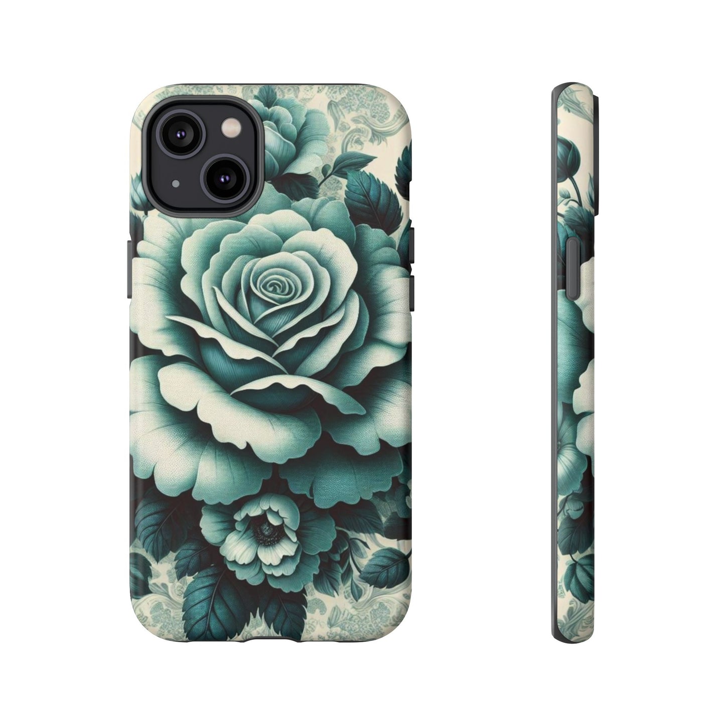 Elegant Floral Motif Phone Case - Tough Cases with Vintage Design - Teal Roses & Damask