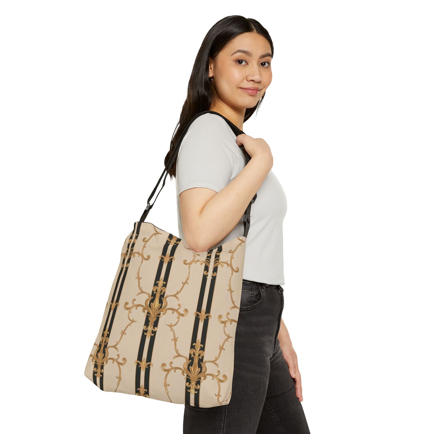 Elegant Adjustable Tote Bag, Stylish Shoulder Bag, Versatile Carryall, Fashionable Gift, Chic Everyday Tote - Black & Beige Striped Damask