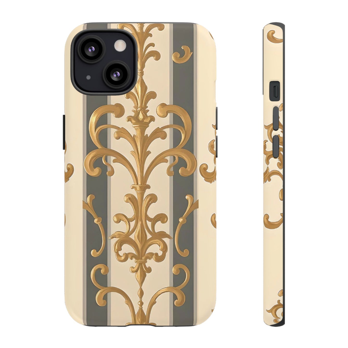 Elegant Floral Motif Phone Case - Tough Cases with Vintage Design - Dusk Olive Striped Gold Damask