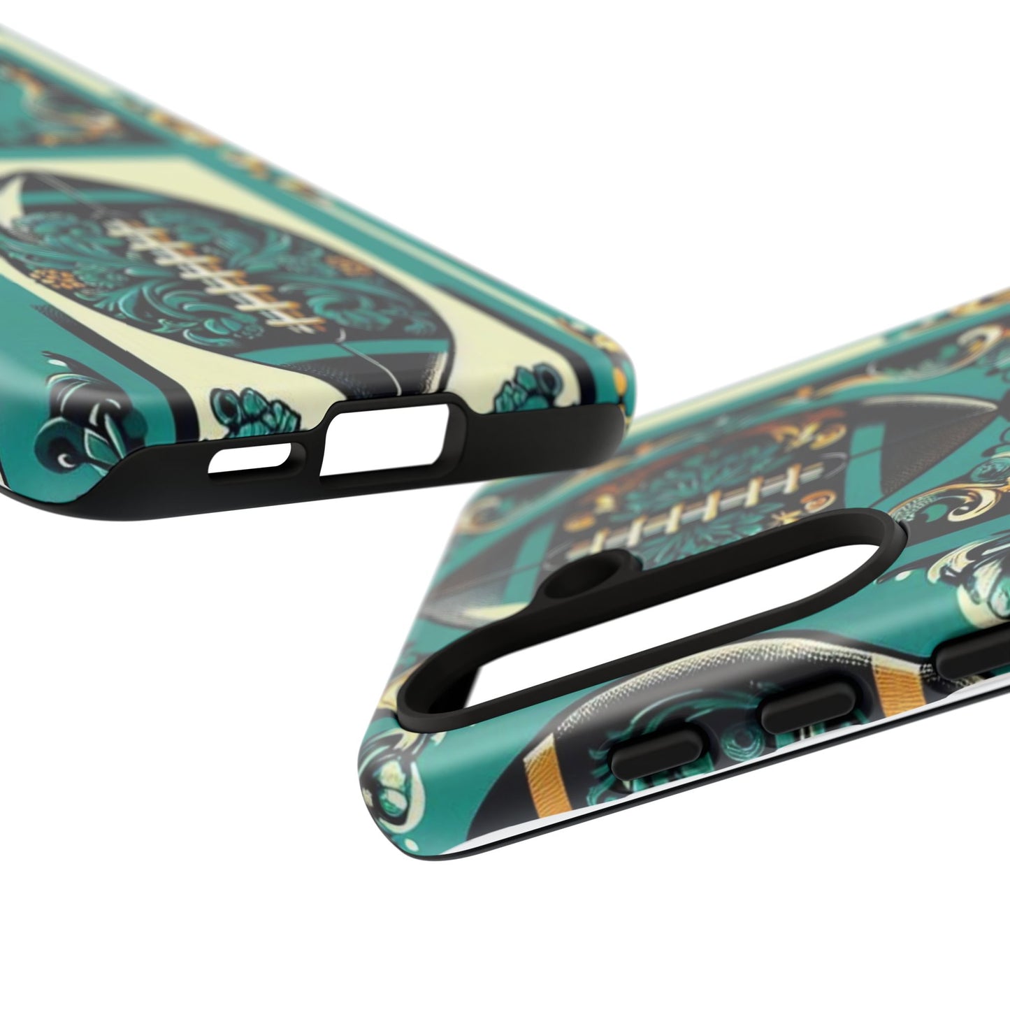 Elegant Floral Motif Phone Case - Tough Cases with Vintage Design -  Damask Teal, Gold & Black Footballs