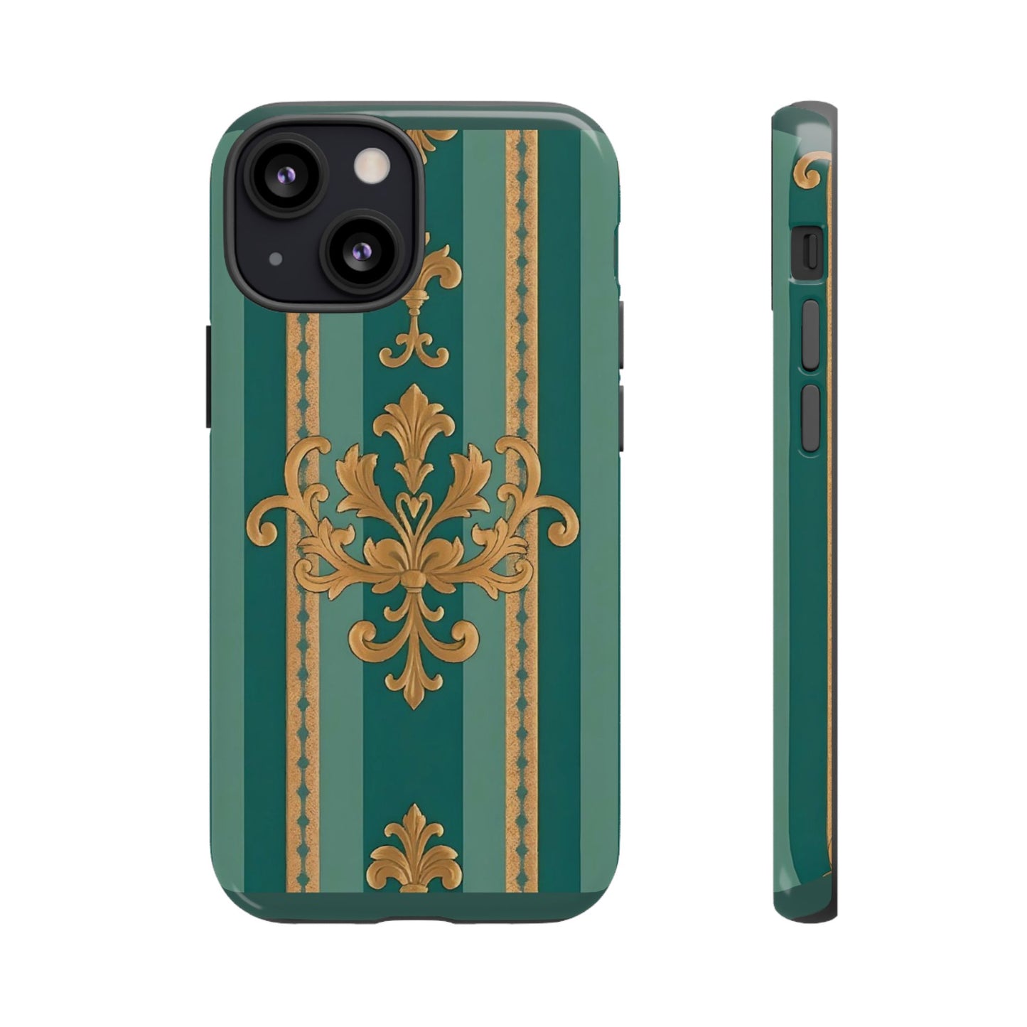 Elegant Floral Motif Phone Case - Tough Cases with Vintage Design - Teal Striped Gold Damask