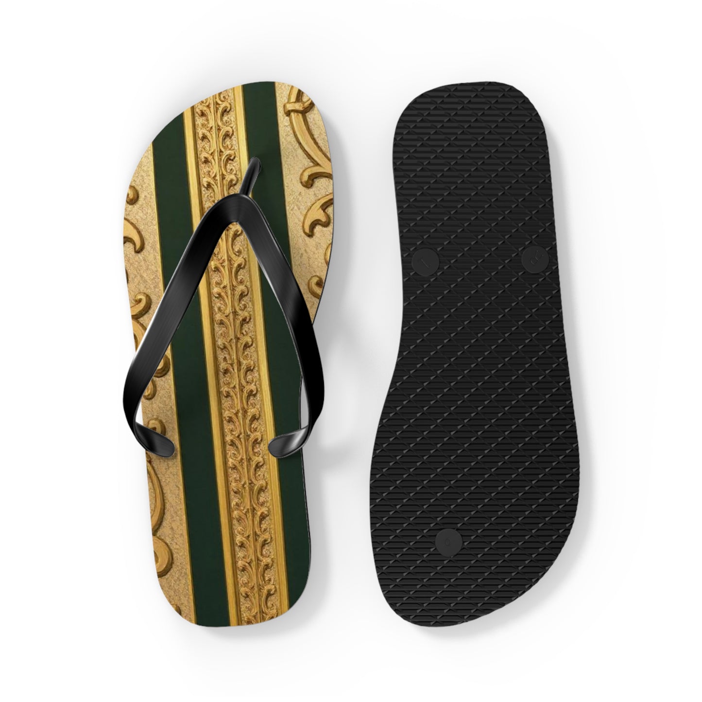 Elegant Teal Striped Gold Baroque Flip Flops, Summer Sandals, Beach Footwear, Vacation Essentials, Stylish Slippers, Poolside Accessories