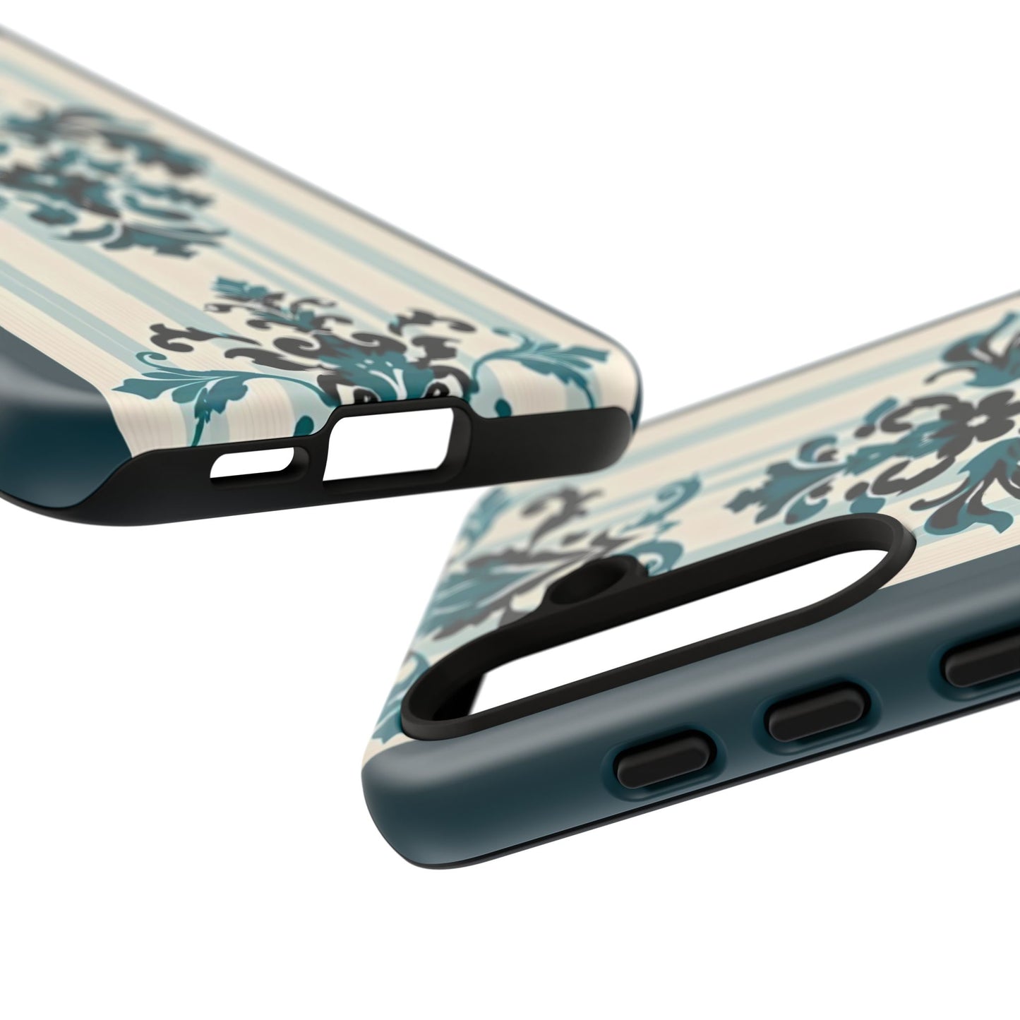 Elegant Floral Phone Case - Tough Cases with Vintage Design - Teal Striped Damask