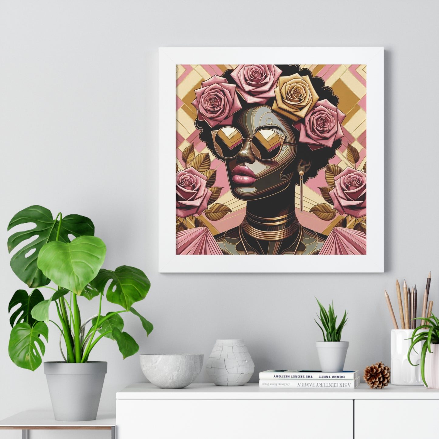 Elegant Framed Vertical Poster of Floral Woman, Home Decor, Wall Art, Gift for Her, Feminine Art Print - Pink Roses Lady