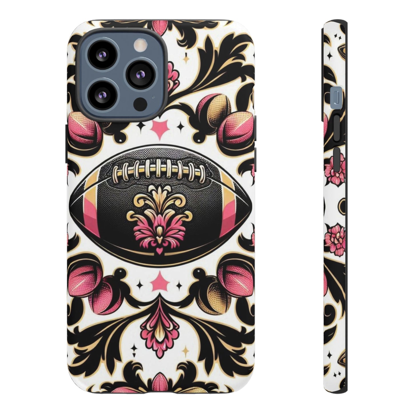 Elegant Floral Motif Phone Case - Tough Cases with Vintage Design - Damask White, Pink Gold & Black Football