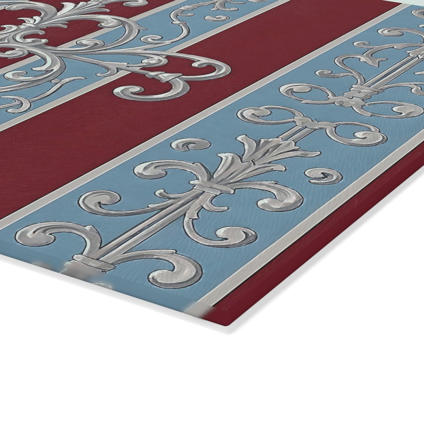 Elegant Floral Cutting Board for Home Chefs, Kitchen Decor, Gift for Weddings, Housewarmings - Ice Blue & Burgundy Striped Baroque