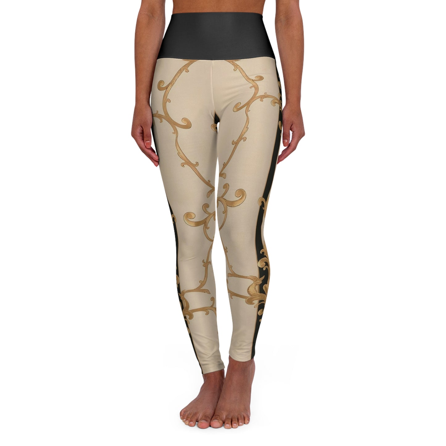 Elegant High Waisted Yoga Leggings, Floral Fitness Leggings, Workout Apparel, Exercise Pants - Black & Beige Striped Damask