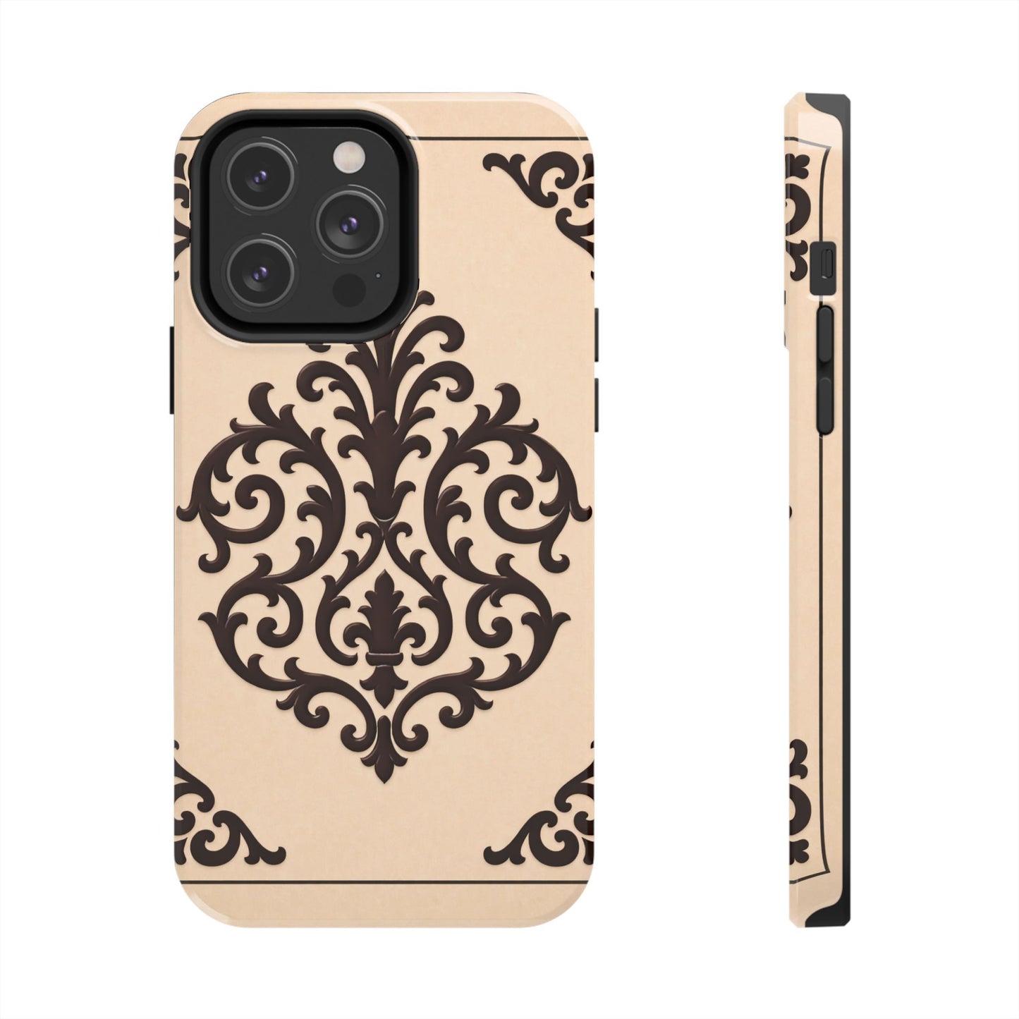 Almond-Beige & Brown Baroque Tough Phone Case — Elegant Beige & Brown Protective Cover