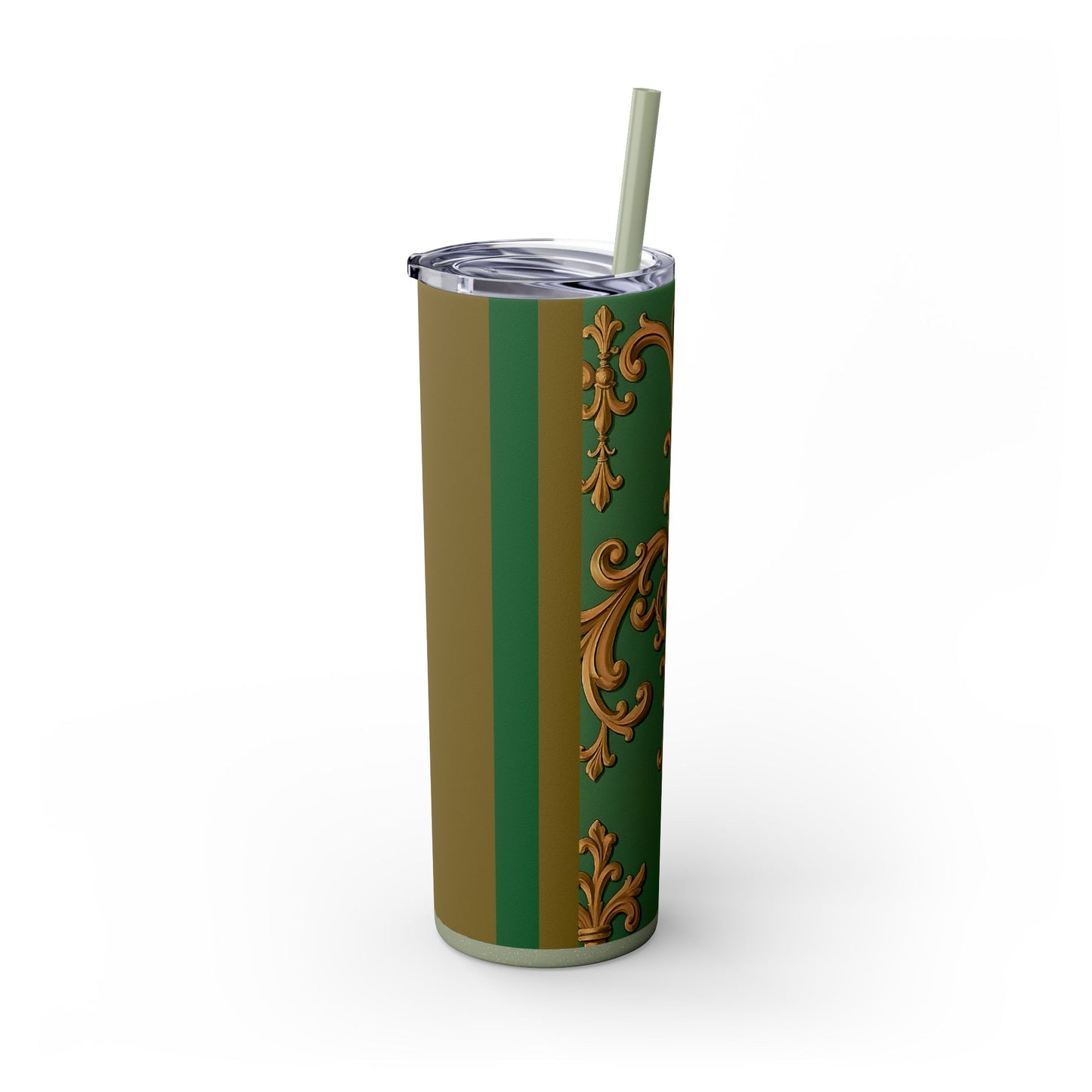 Elegant Green Pattern Skinny Tumbler with Straw, Stylish Drinkware, Gift for Her, Travel Mug, Home Decor, Floral Design - Olive Green Striped Rococo