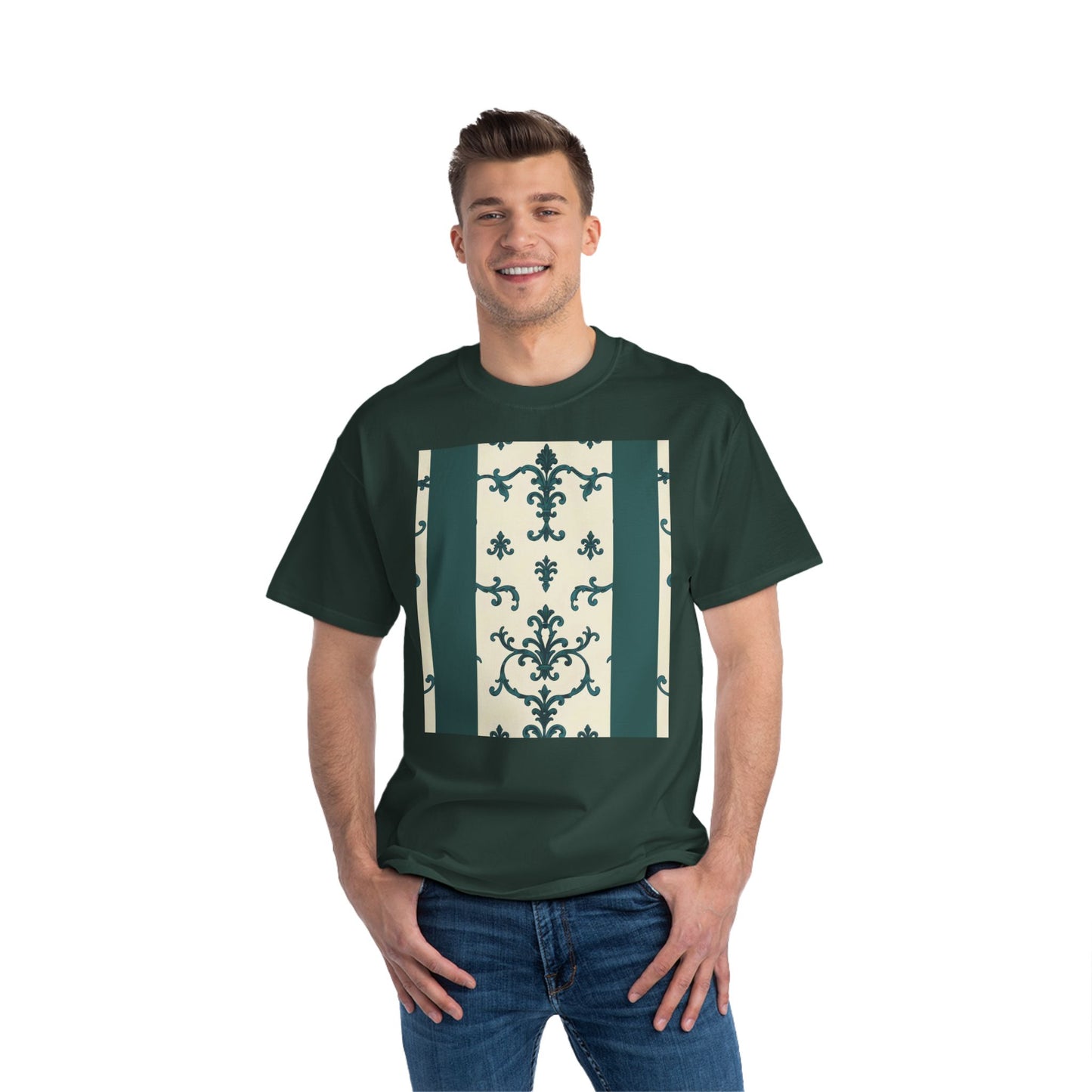 Vintage-Inspired Short-Sleeve T-Shirt, Casual Wear, Graphic Tee, Summer Outfit, Gift for Friends, Retro Design - Teal Striped Rococo