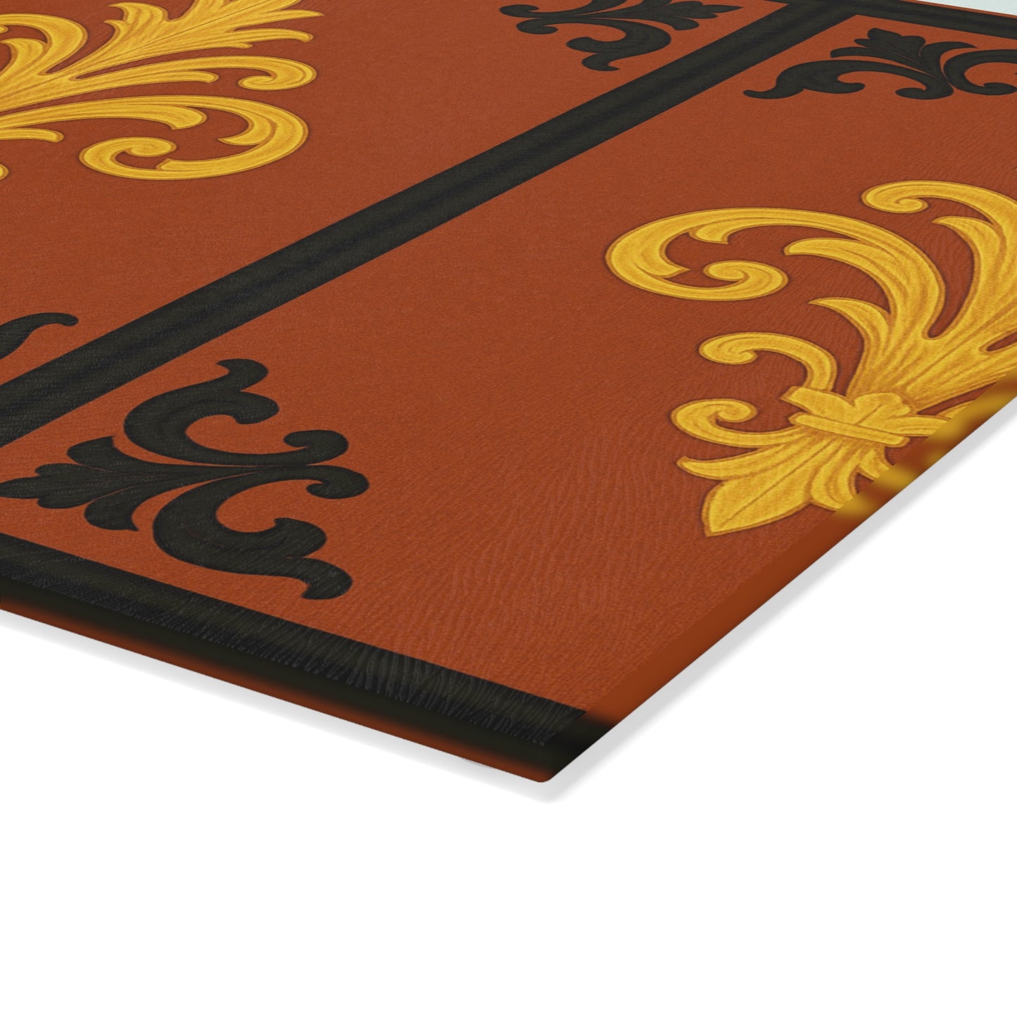 Dusk Terracotta Baroque Glass Cutting Board with Ornate Gold Baroque Design — Decorative Kitchen Serving Board