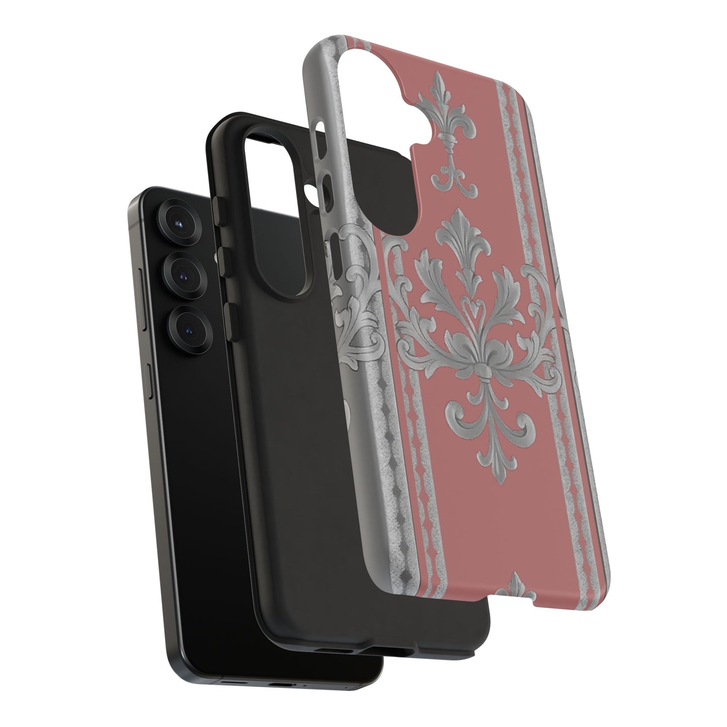 Elegant Floral Phone Case - Tough Cases for Stylish Protection - Gray & Mauve Striped Baroque