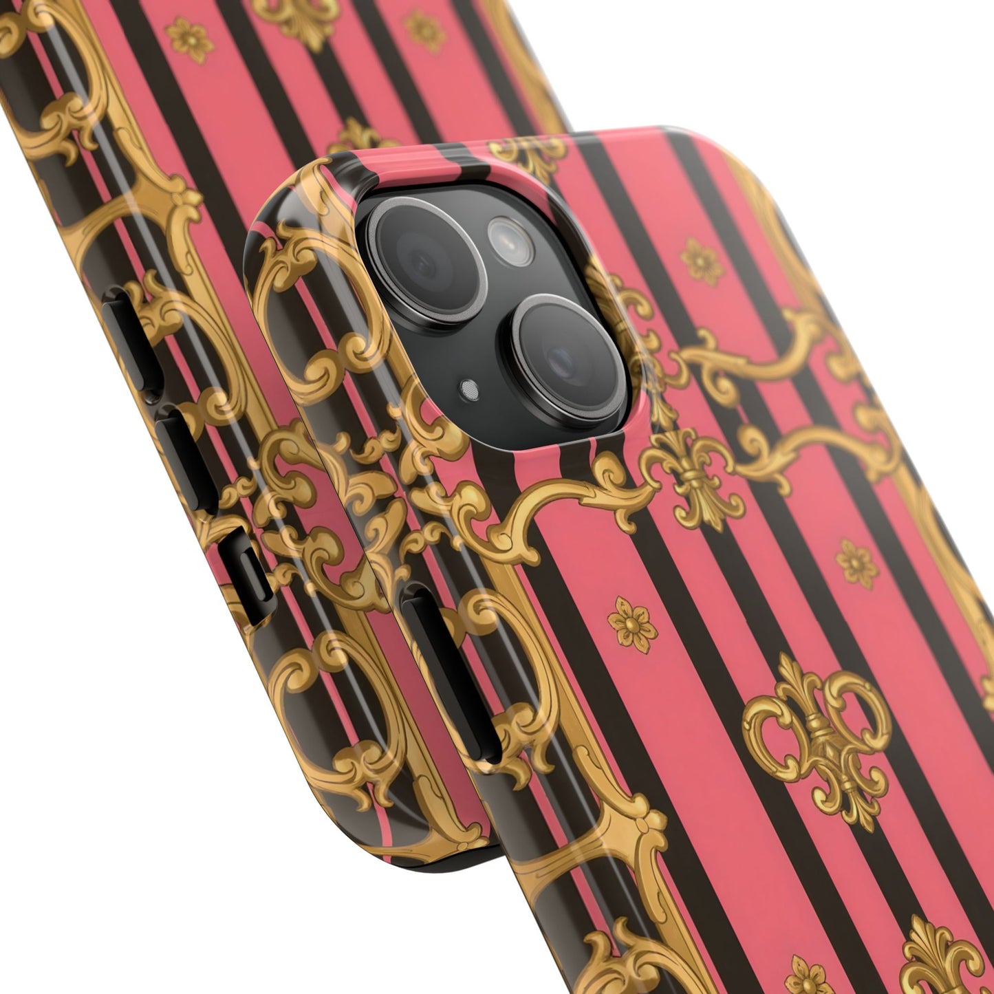Elegant Baroque Tough Phone Cases, Stylish Protection, Gift for Her, Trendy Accessory - Pink & Black Striped Gold Baroque
