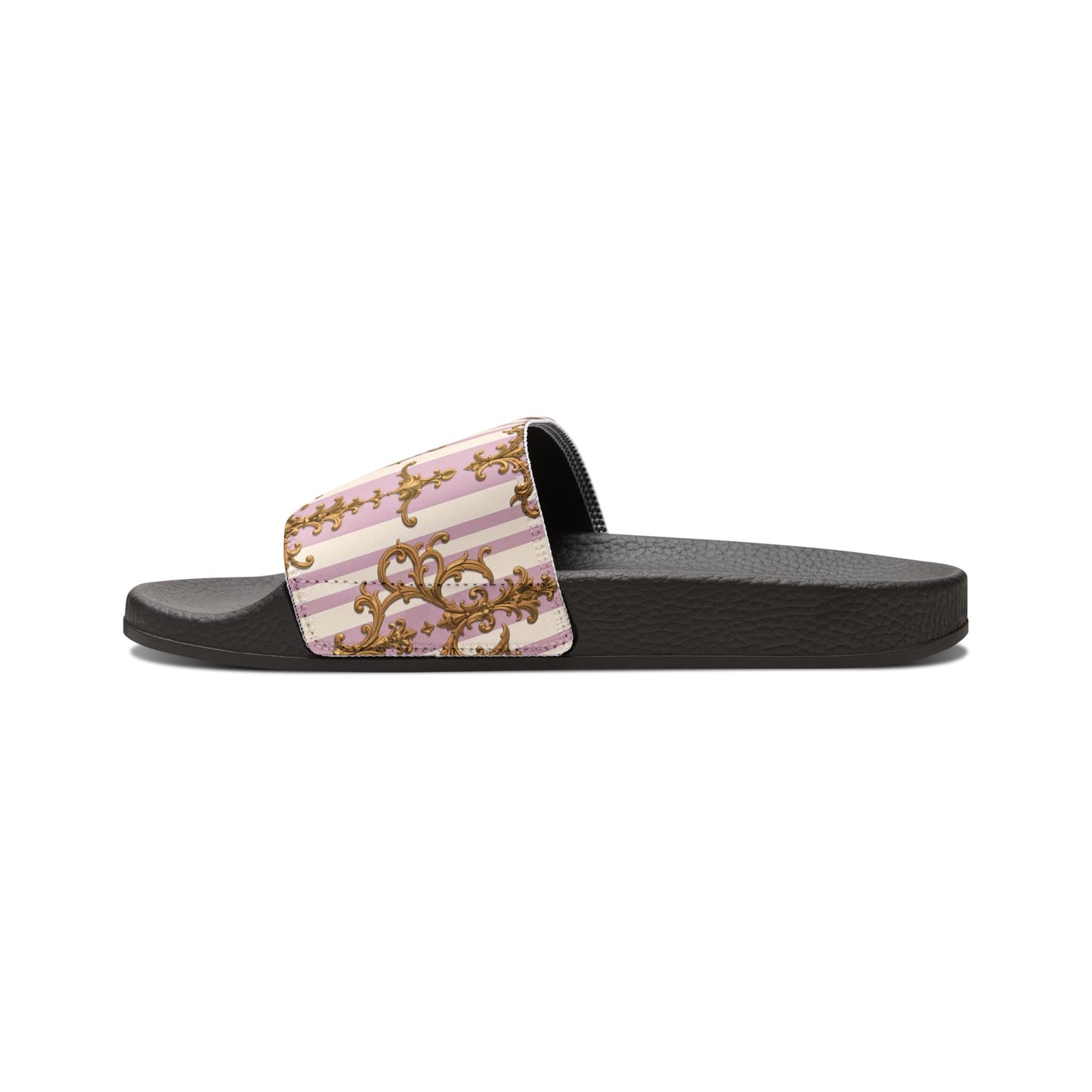 Stylish Women's Sandals with Removable Straps, Comfortable Summer Footwear, Trendy Slippers for Beach - Lilac & Alabaster Striped Gold Baroque