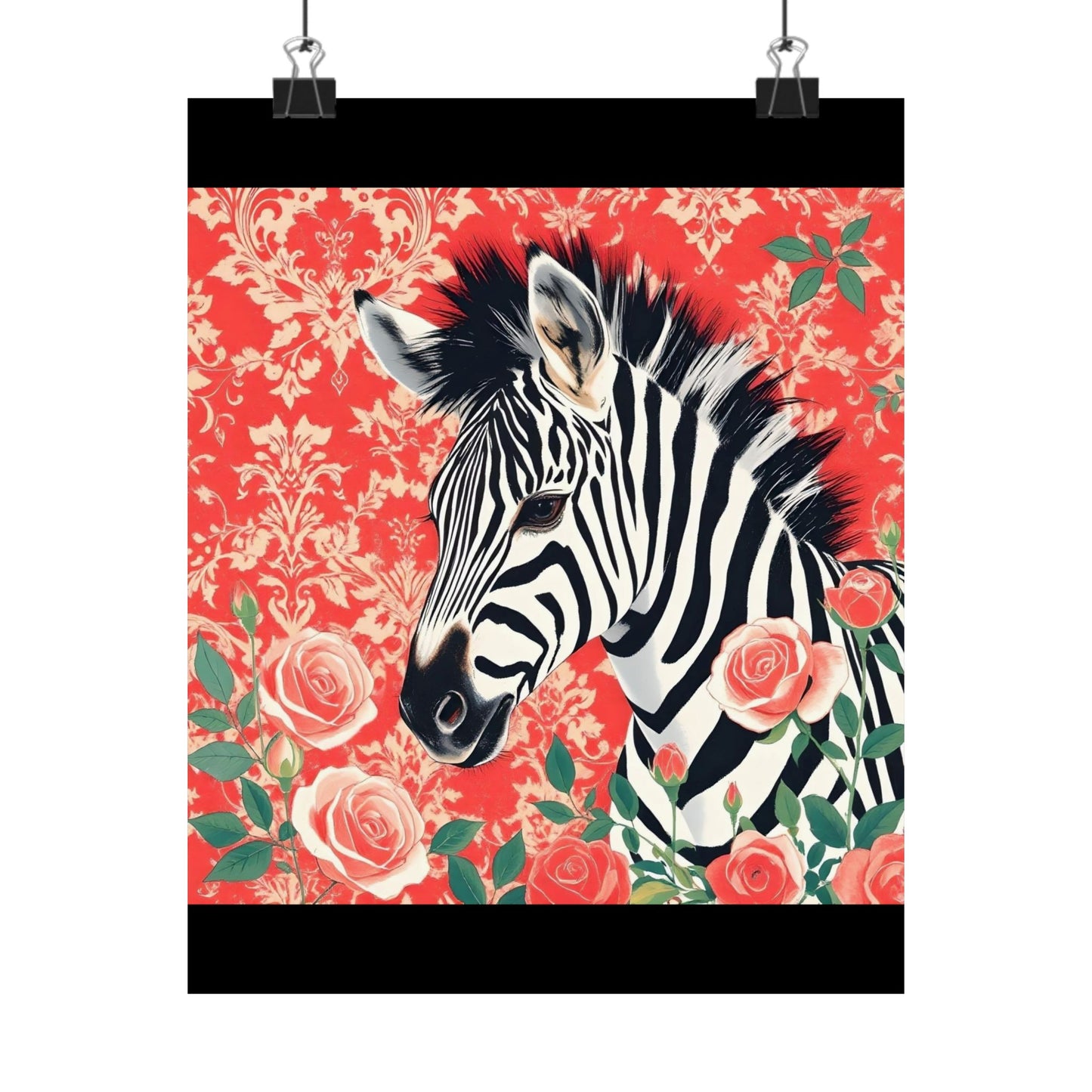 Floral Art Poster - Elegant Matte Vertical Wall Decor - Zebra With Coral Roses & Damask