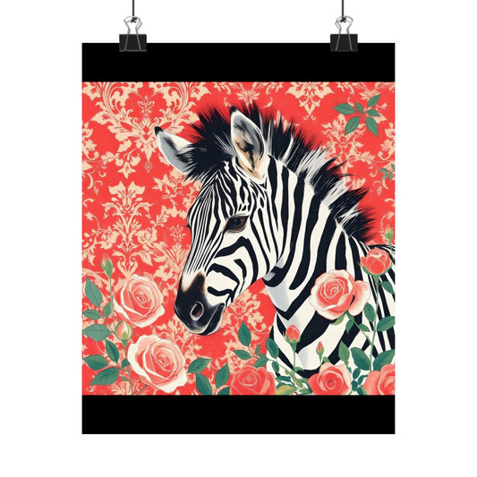 Floral Art Poster - Elegant Matte Vertical Wall Decor - Zebra With Coral Roses & Damask