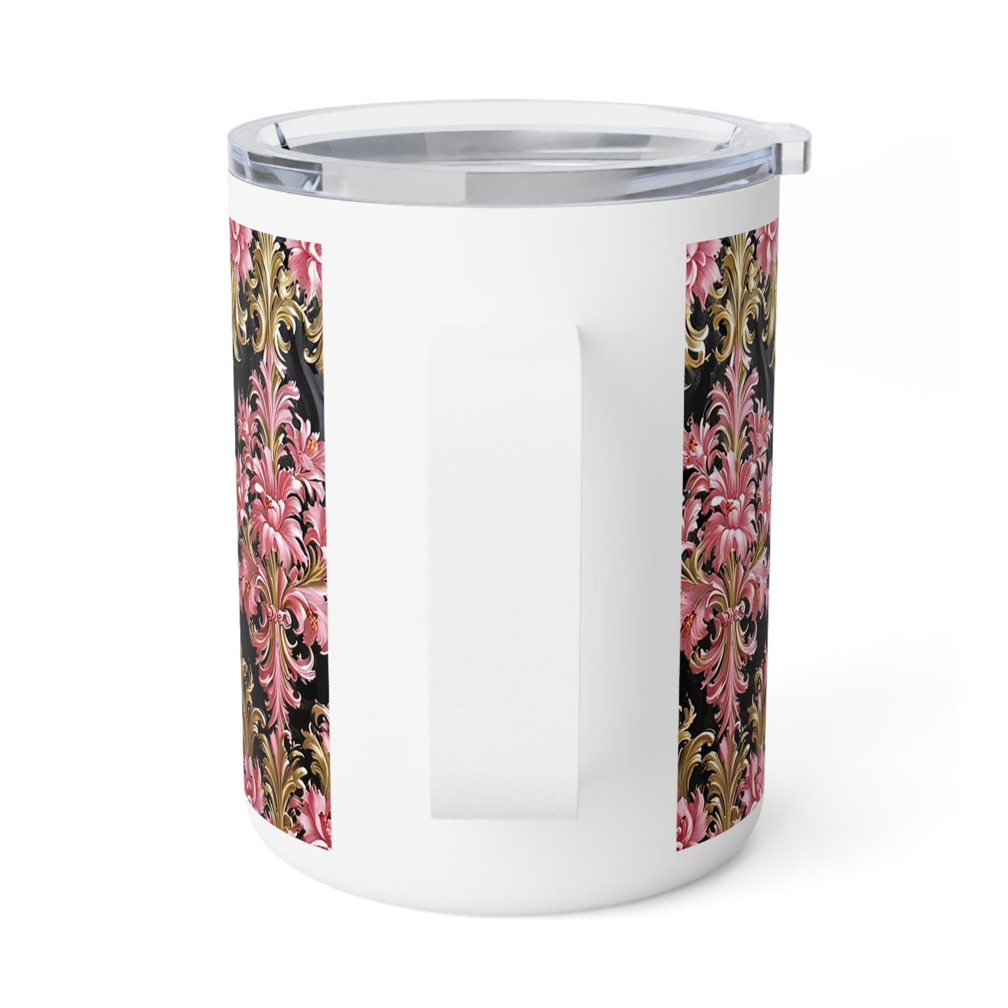 Elegant Floral Insulated Coffee Mug, Perfect Gift for Tea Lovers, Home Decor, Stylish Kitchen Accessory - Black & Pink Oil Painting Style Rococo