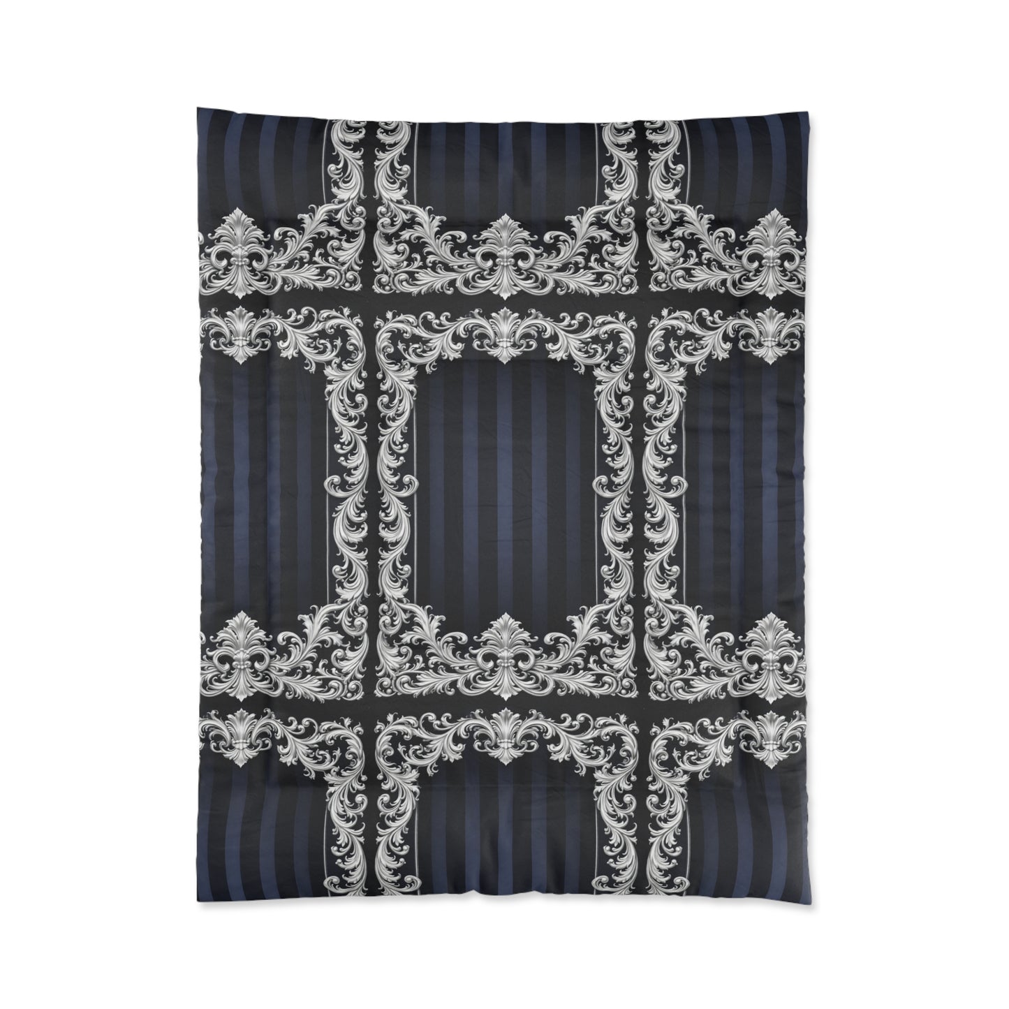 Navy Stripes & Baroque Comforter — Navy & Silver Baroque Bedroom Bedding