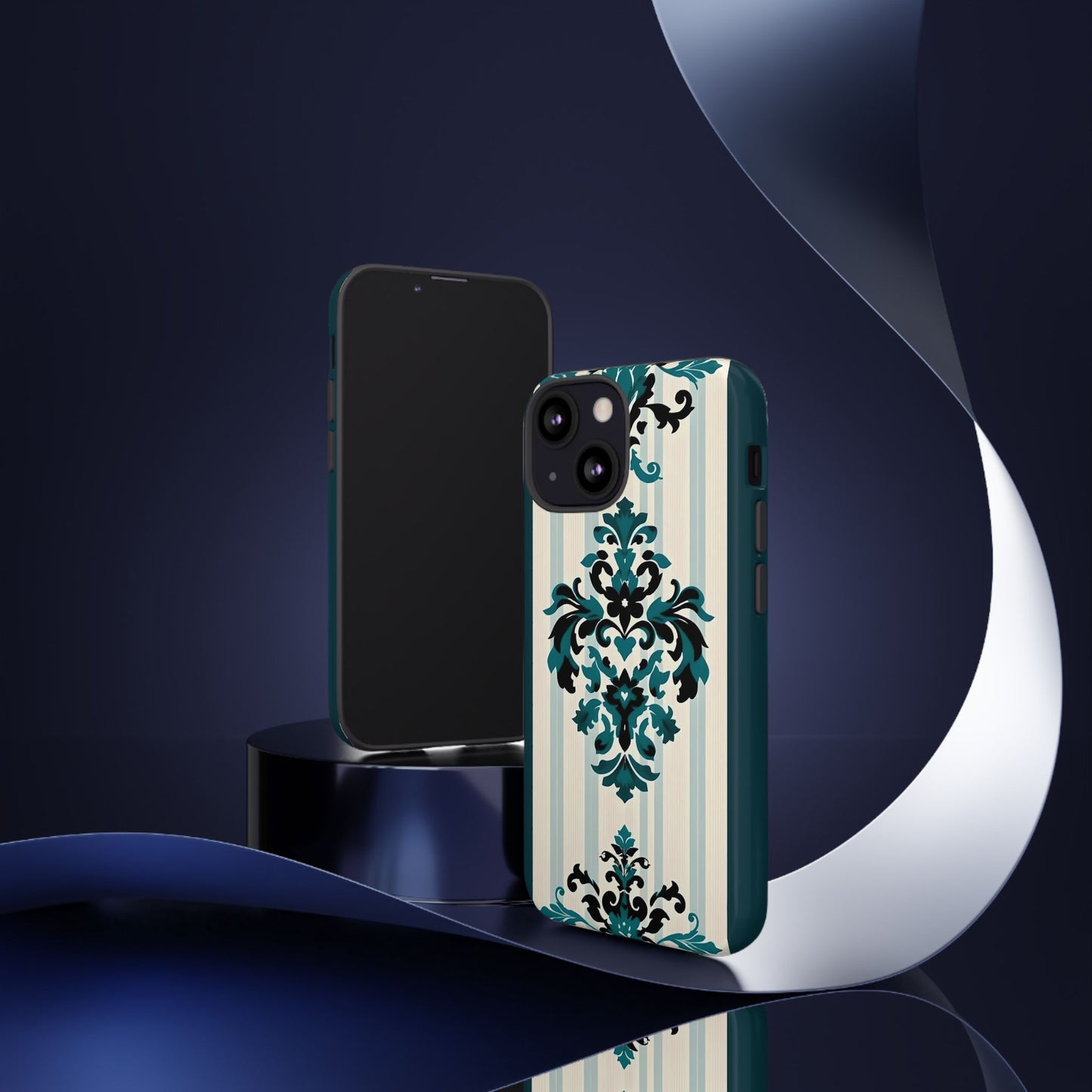 Elegant Floral Phone Case - Tough Cases with Vintage Design - Teal Striped Damask