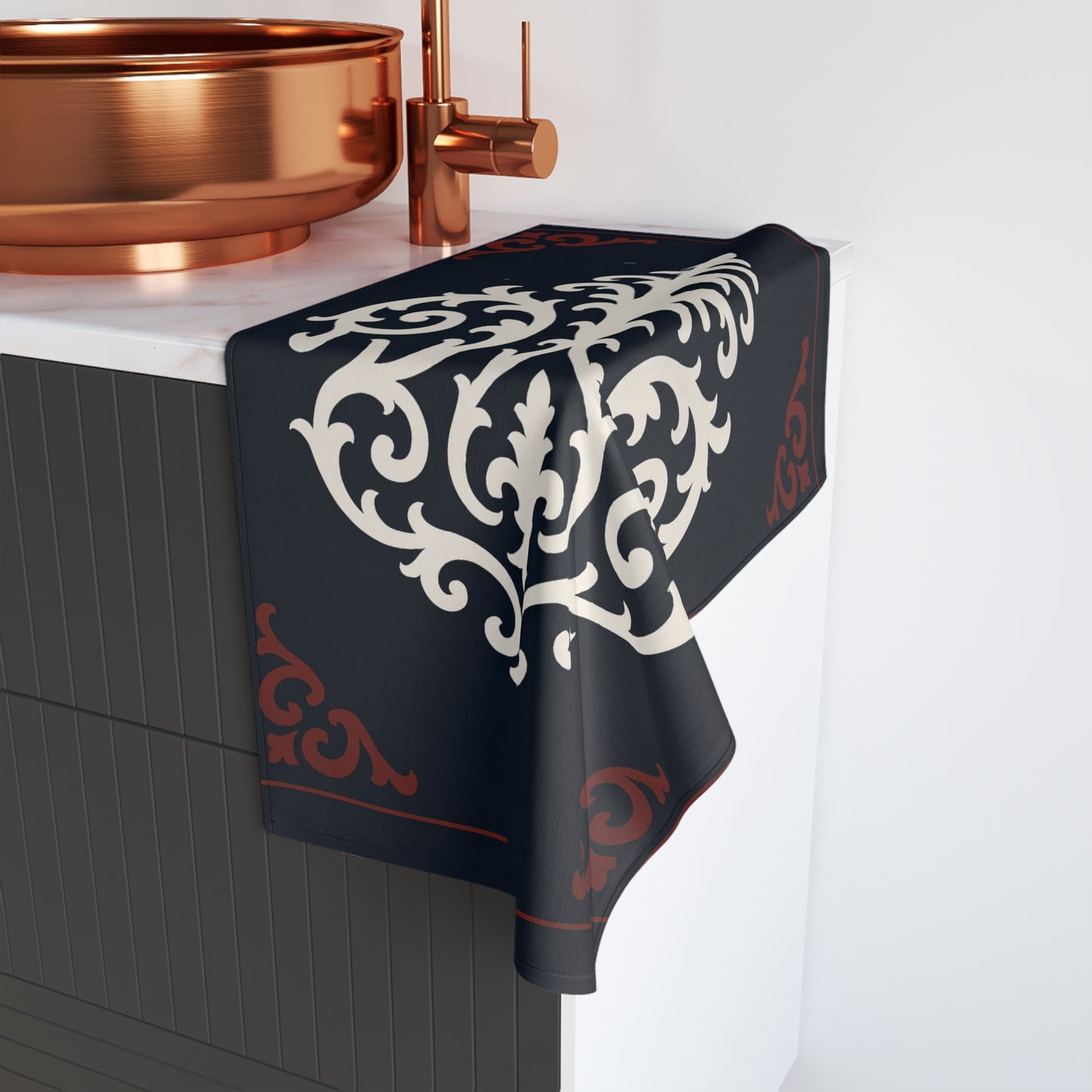 Dusk Blue-Maroon & White Baroque Hand Towel – Dusk Blue & White Ornate Baroque Design