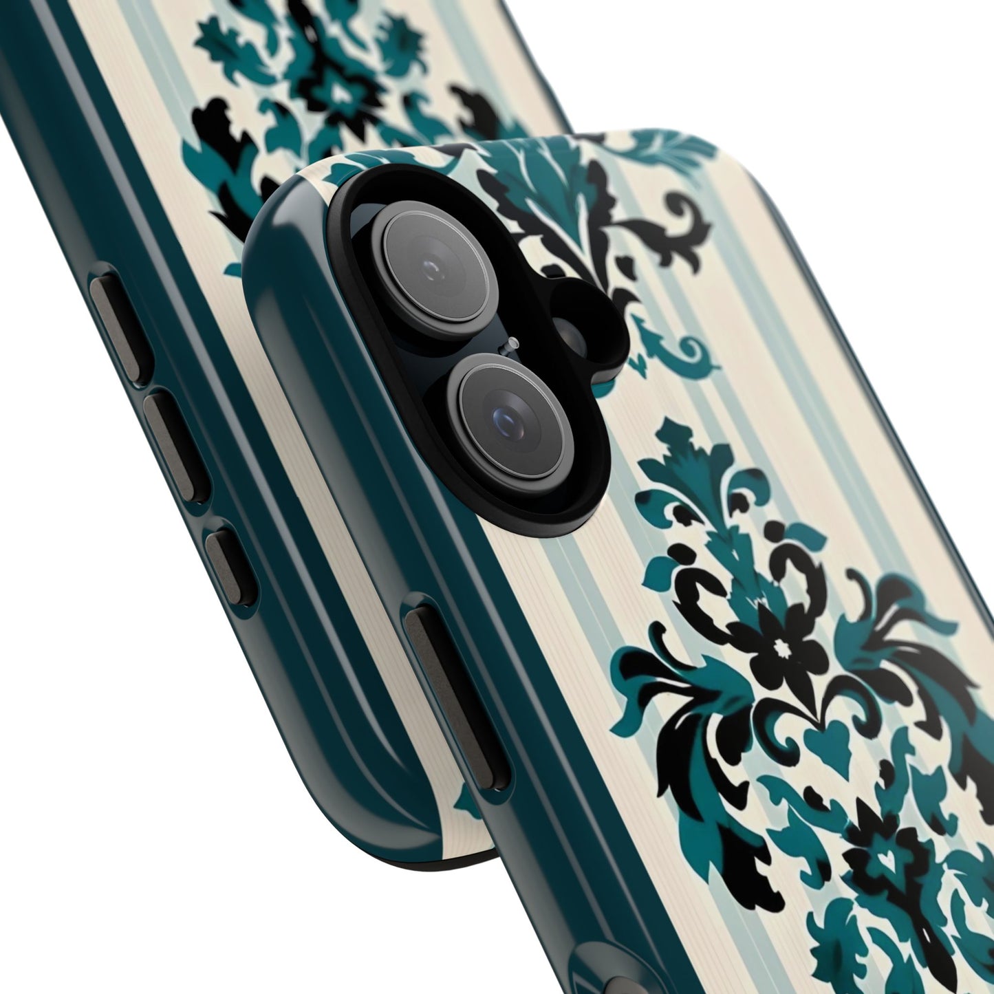 Elegant Floral Phone Case - Tough Cases with Vintage Design - Teal Striped Damask