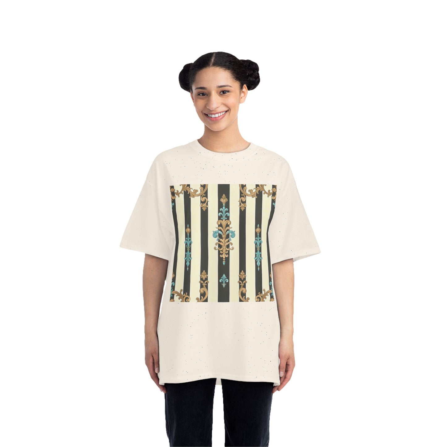 Elegant Floral Pattern Tee, Vintage Style T-Shirt, Gift for Her, Casual Outfit - Black Striped Turquoise & Black Rococo