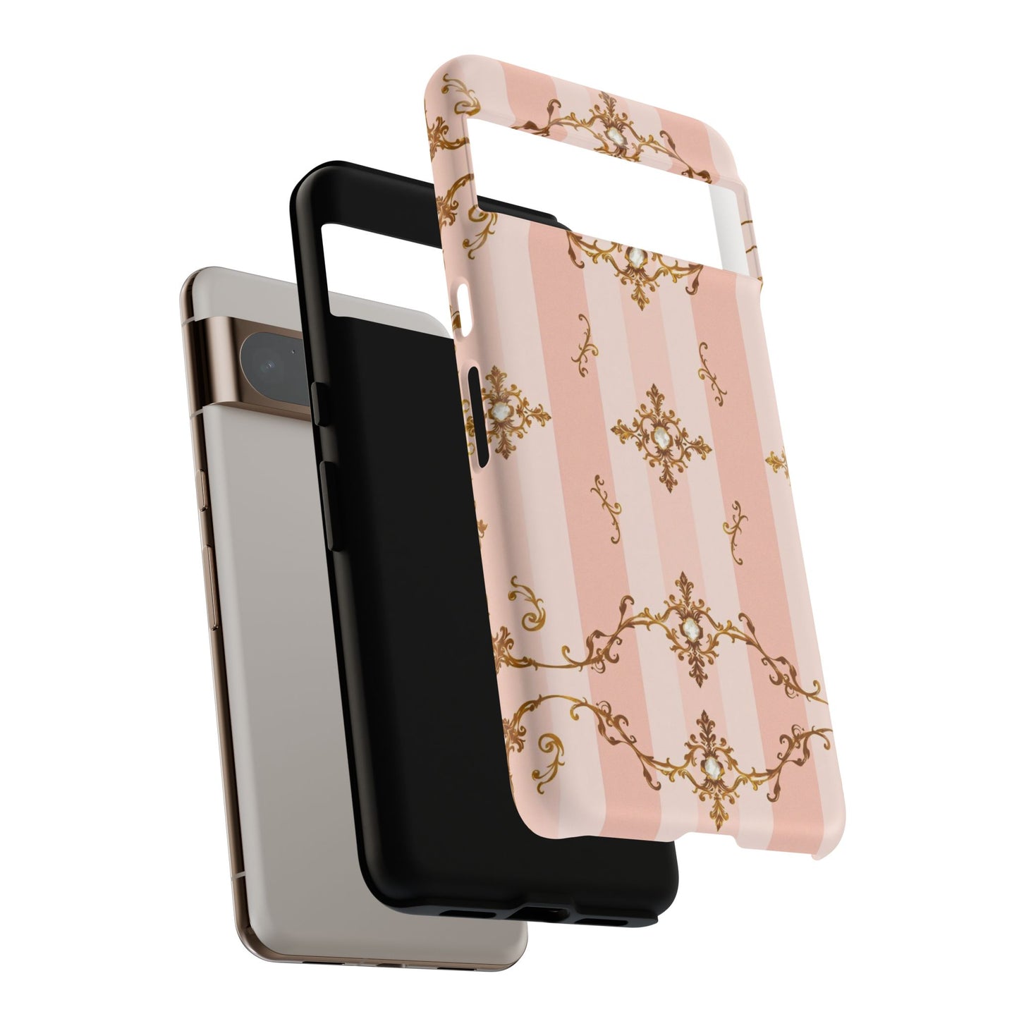 Elegant Floral Phone Case, Tough Cases for Women, Trendy Phone Cover, Chic Gift - Pink Jeweled Striped Gold Baroque