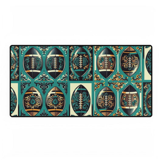 Desk Mat - Elegant Floral Motif for Home Office Decor - Teal, Gold & Black Damask Footballs
