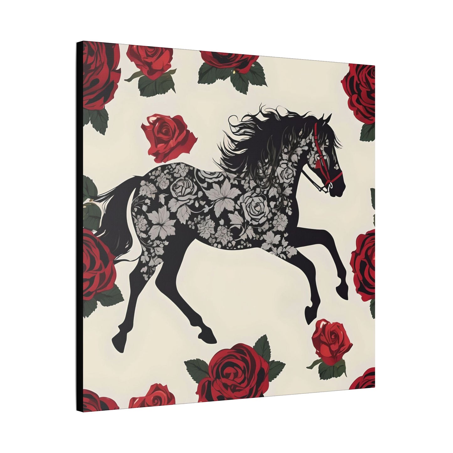 Art Print Canvas, Wall Decor, Satin Stretched Canvas, Equestrian Art, Office Decor, Home Decor - Horse & Roses