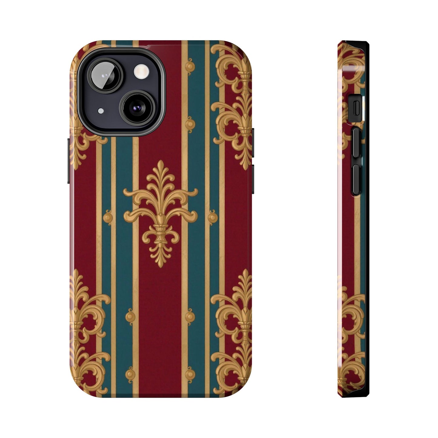 Elegant Vintage Tough Phone Case, Luxury Phone Protection, Stylish Phone Cover, Durable Phone Accessory - Burgundy Striped Gold Baroque