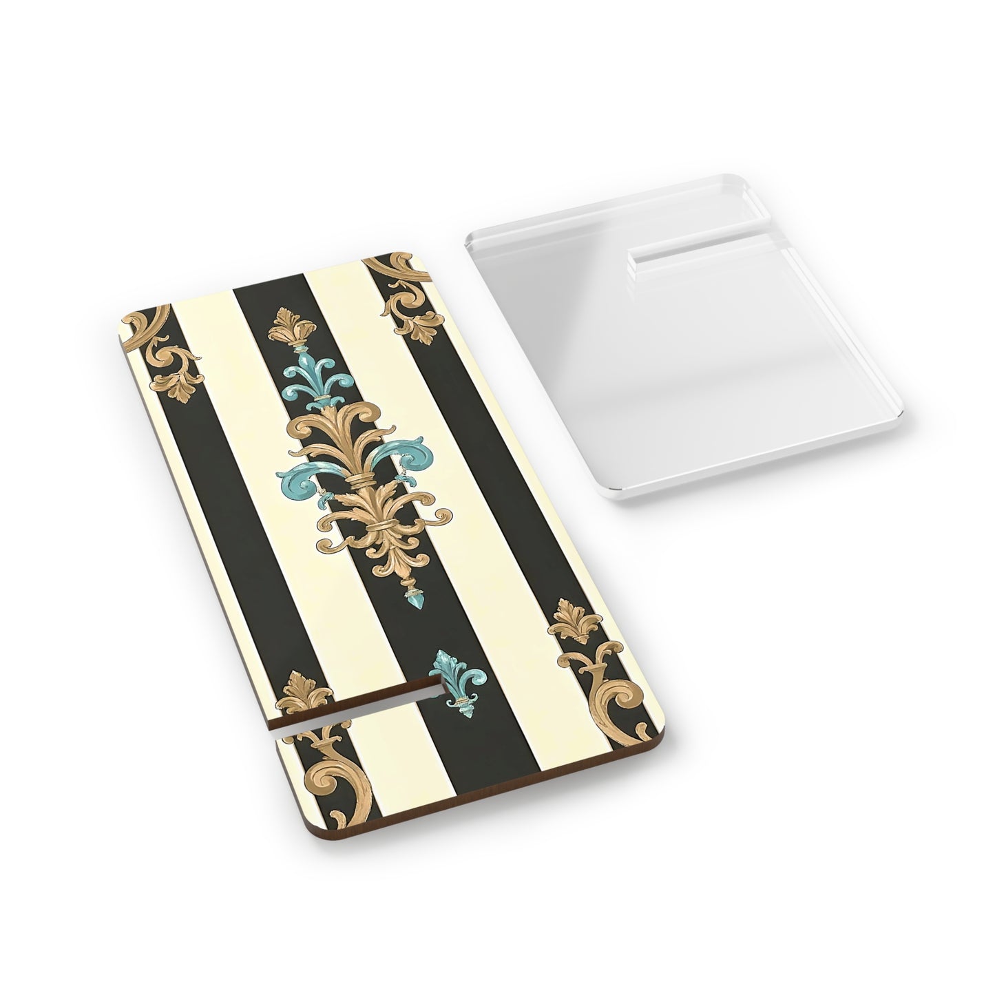 Elegant Smartphone Stand, Artistic Phone Holder, Stylish Desk Accessory, Modern Decor - Black Striped Turquoise & Black Rococo