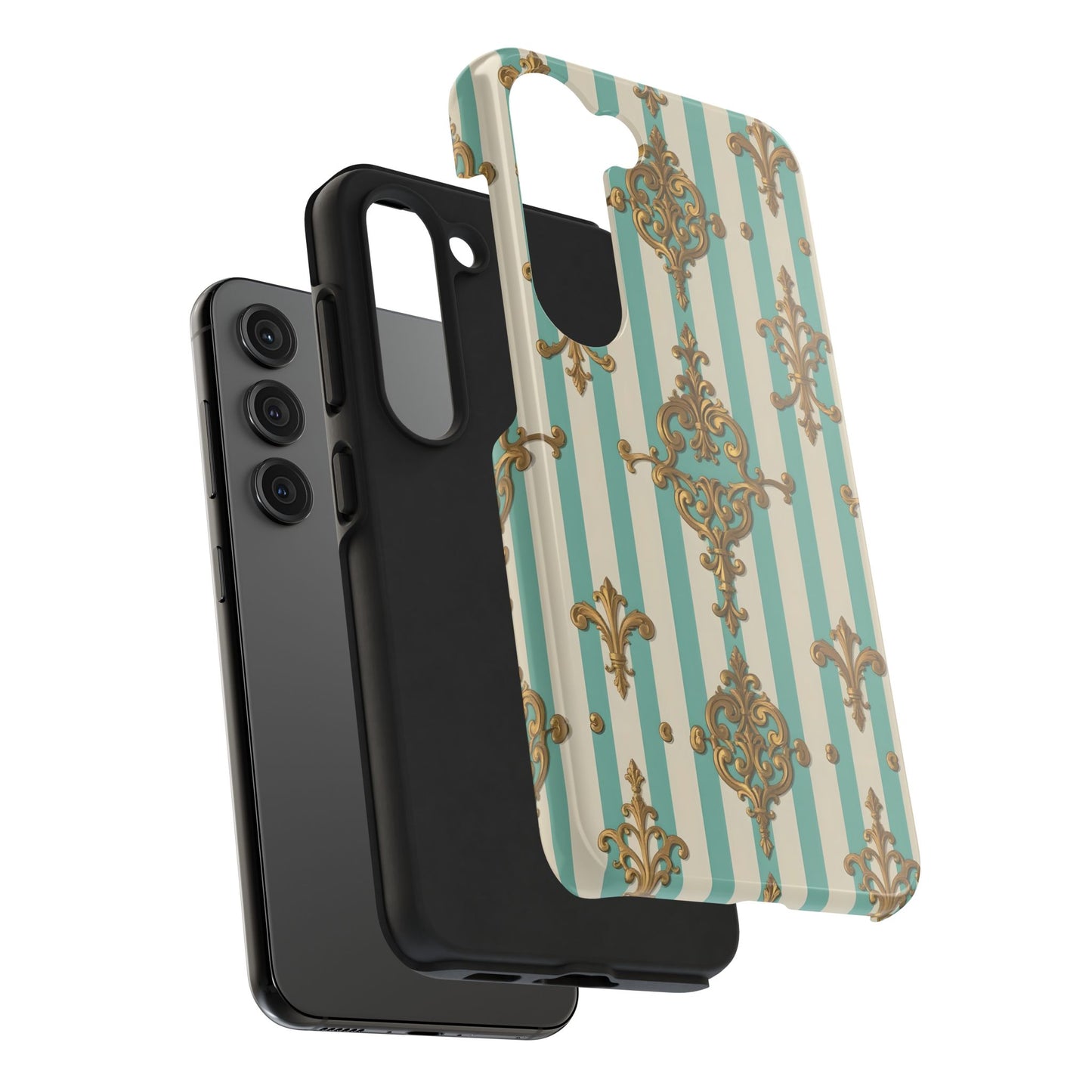 Elegant Striped Phone Case with Vintage Design, Tough Phone Cover, Stylish Smartphone Case - Matte Green Striped Rococo