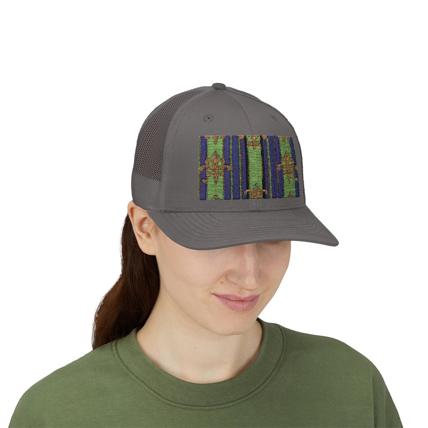 Vibrant Snapback Trucker Cap with Colorful Pattern, Baroque Hat for Festivals, Unisex Cap, Summer Accessory - Green Striped Gold Baroque
