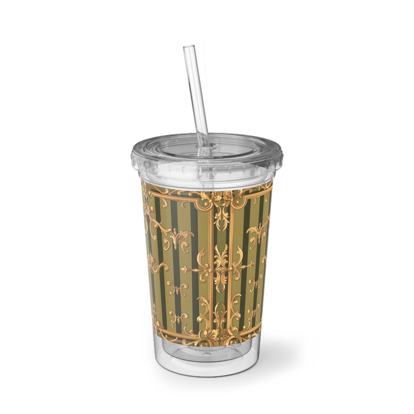 Elegant Acrylic Tumbler with Vintage Design, Stylish Drinkware for Home, Office, Gifts, Parties, Events, Eco-Friendly - Olive Green Striped Rococo