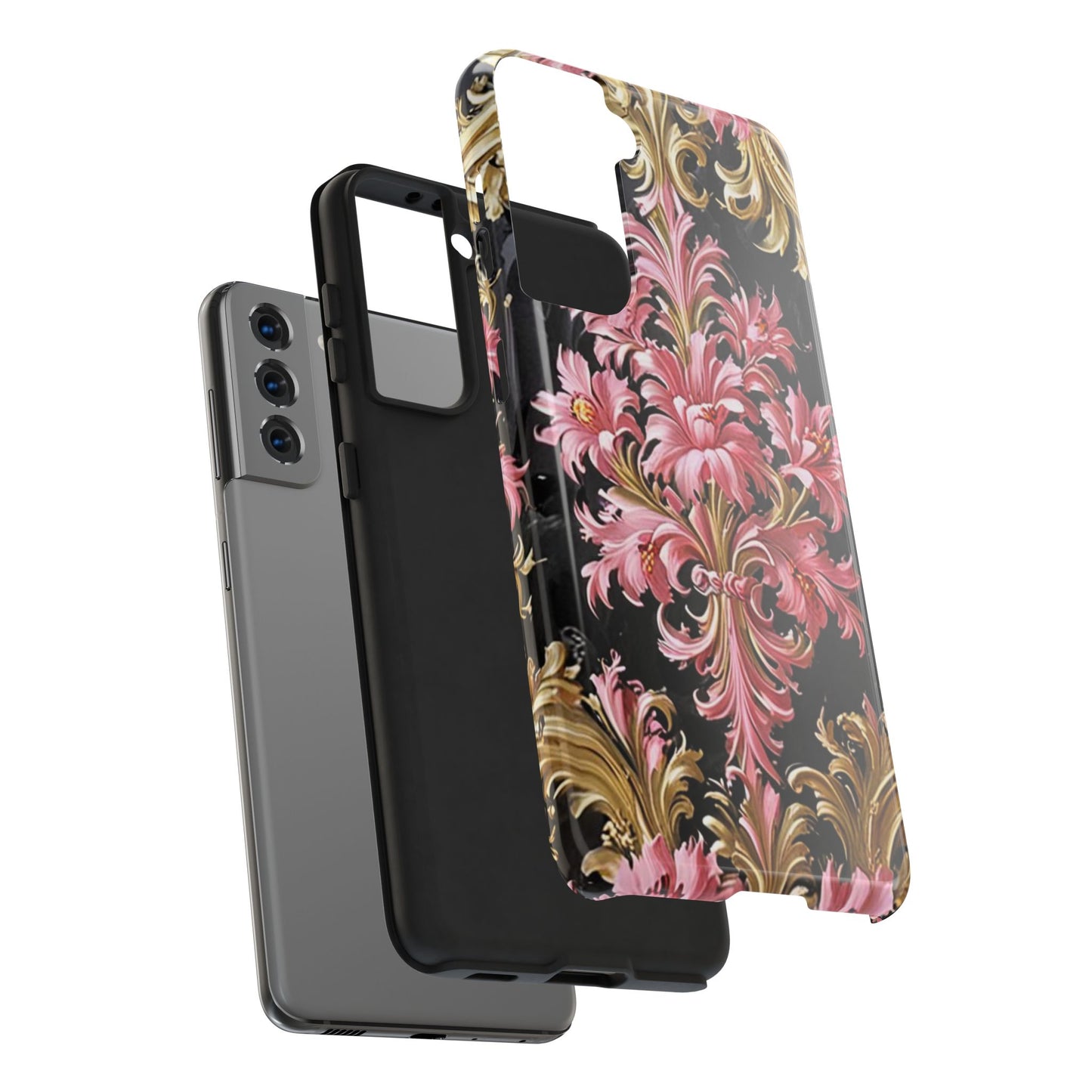 Elegant Floral Tough Phone Cases | Stylish Protection for Her | Gift for Birthdays - Black & Pink Oil Painting Style Rococo