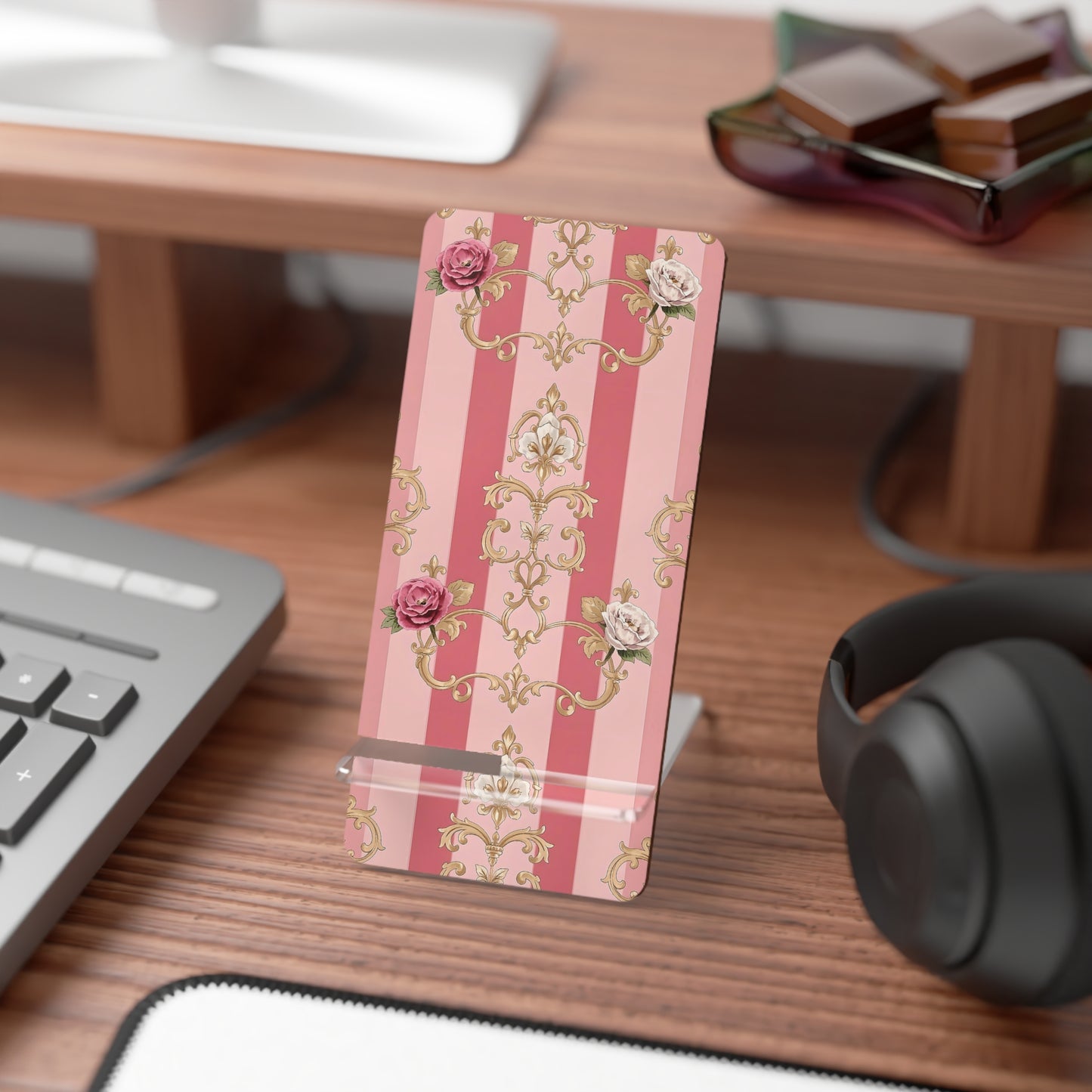 Elegant Floral Motif Smartphone Display Stand - Pink Striped Roses & Damask - Decorative Mobile Holder