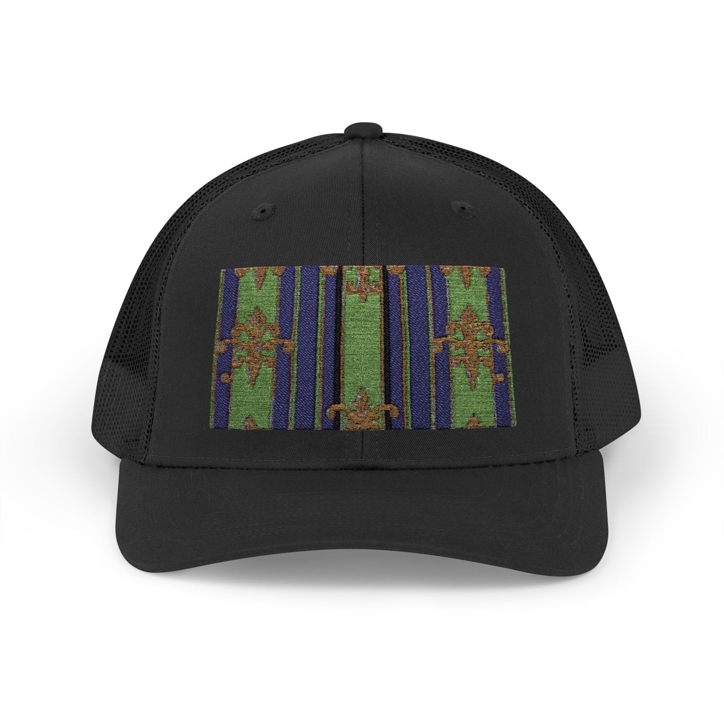 Vibrant Snapback Trucker Cap with Colorful Pattern, Baroque Hat for Festivals, Unisex Cap, Summer Accessory - Green Striped Gold Baroque