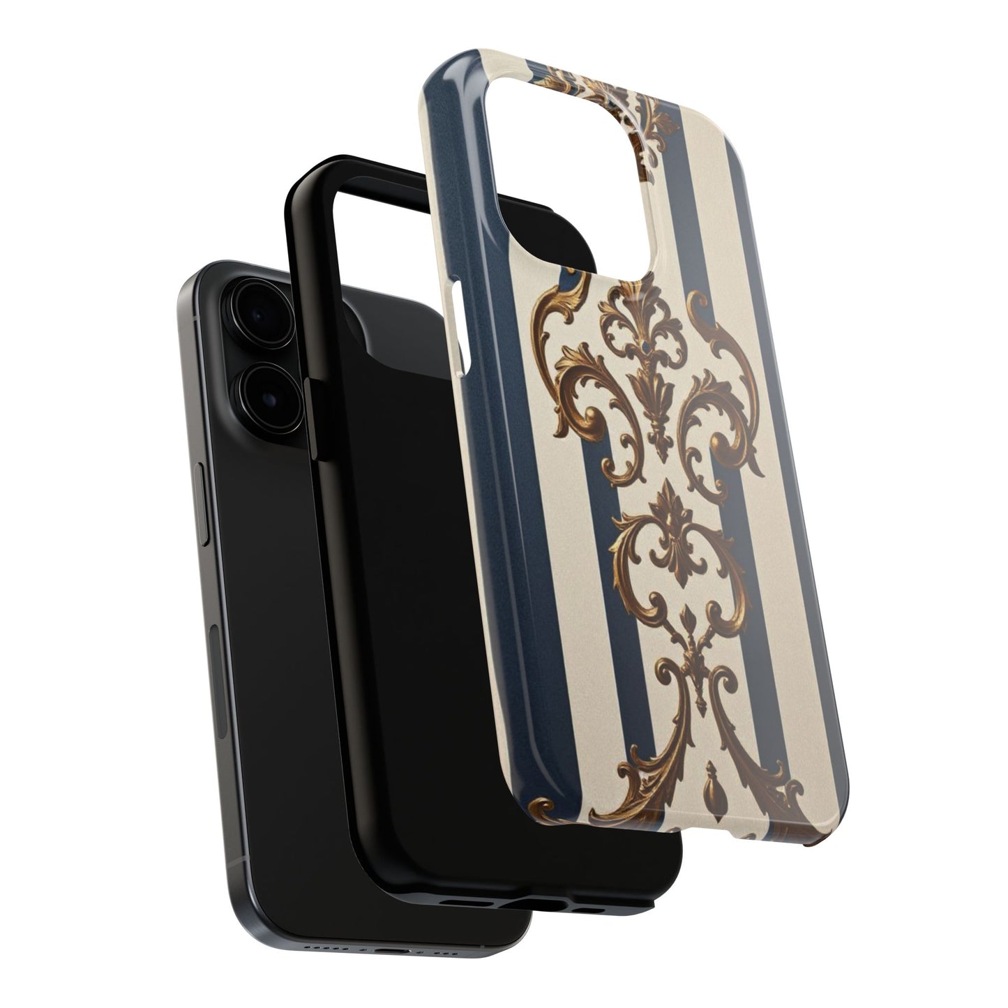 Damask Tough Phone Case - Alabaster & Blue Striped Damask