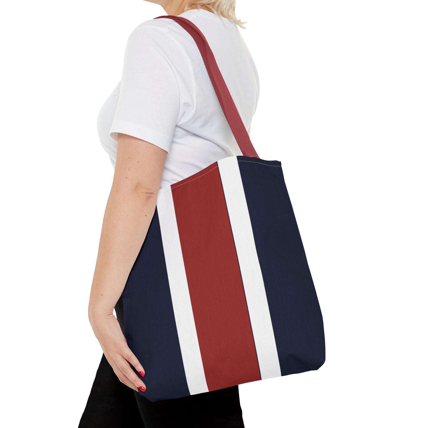 Lunar Midnight & Red-White Striped Tote Bag, Summer Beach Bag, Casual Shopping Tote, Patriotic Gift for Her, Travel Accessory