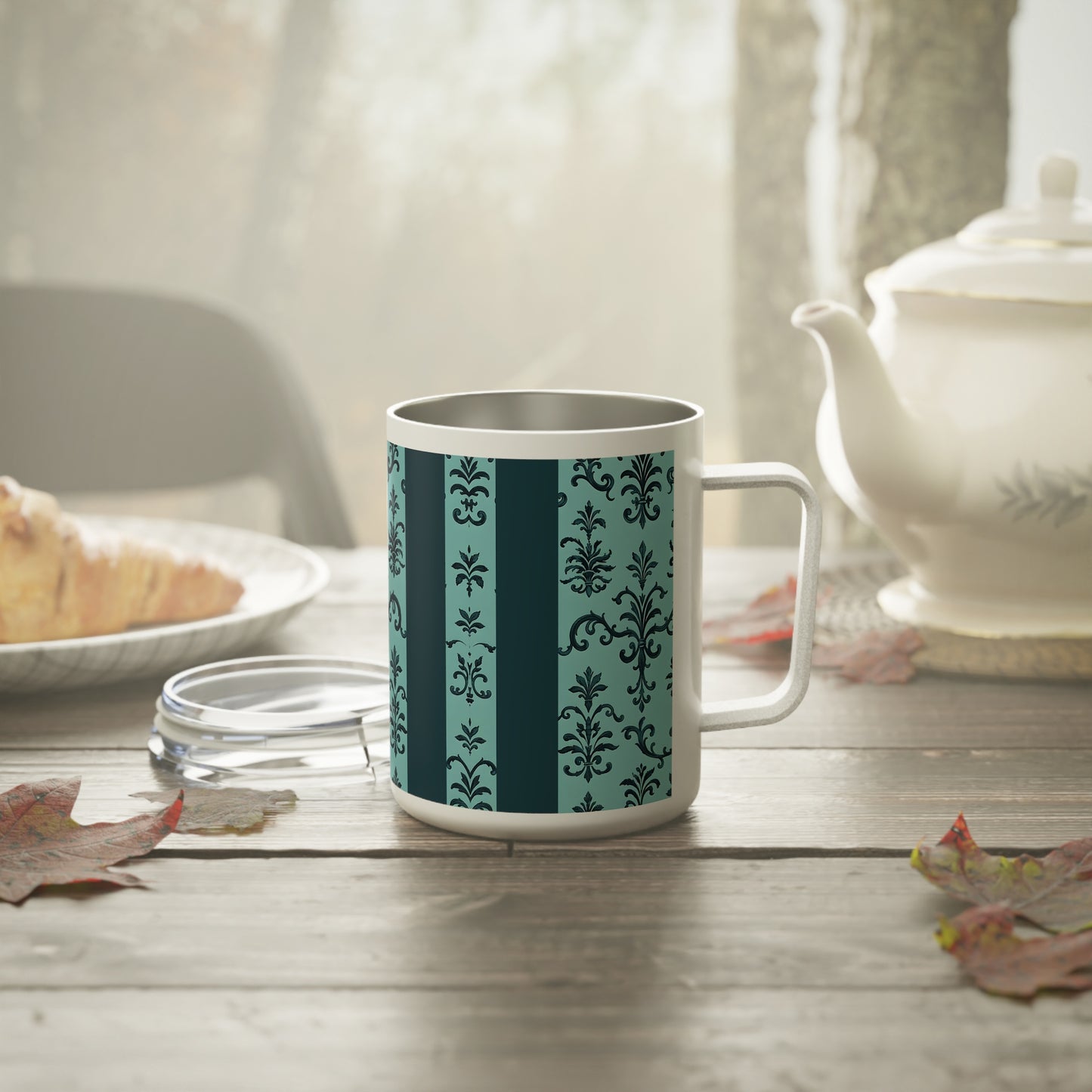 Chic Insulated Coffee Mug, Elegant Drinkware for Home and Office, Perfect Gift for Coffee Lovers, Vintage Pattern - Teal Striped Rococo