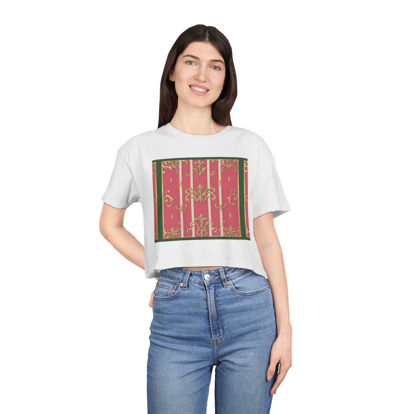 Chic Green Border Pink Striped Baroque Women's Crop Tee - Vintage Style Shirt for Casual Outings, Holidays, Gift Ideas, Spring Fashion, Trendy Top