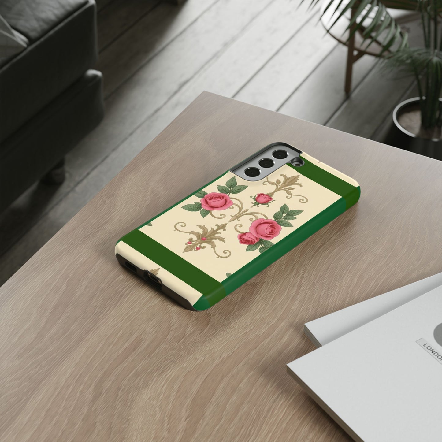 Elegant Floral Motif Phone Case - Tough Cases with Vintage Design - Green Border Roses & Damask
