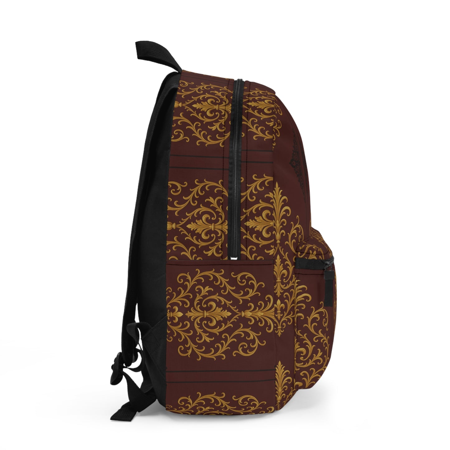 Dusk Burgundy-Black & Gold Baroque Backpack — Elegant Burgundy & Gold Patterned School Bag