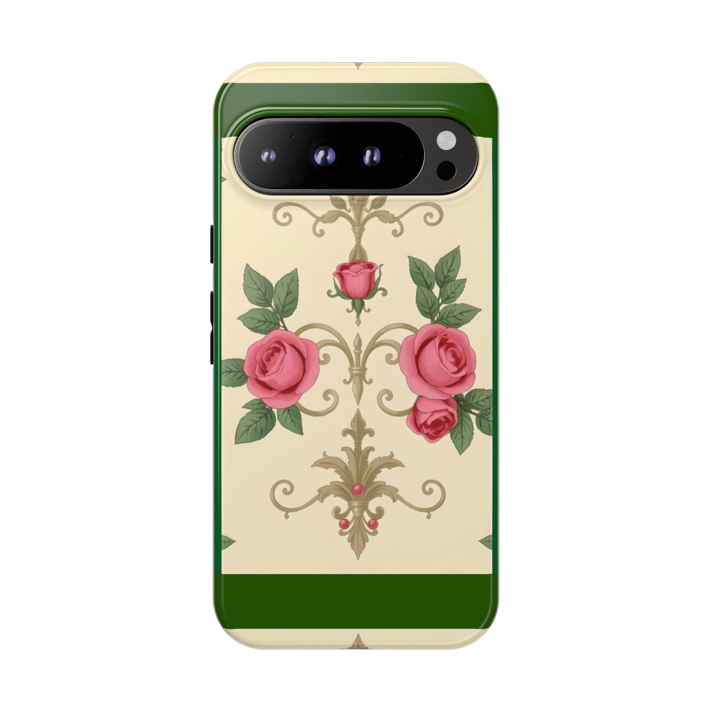 Elegant Floral Motif Phone Case - Tough Cases with Vintage Design - Green Border Roses & Damask